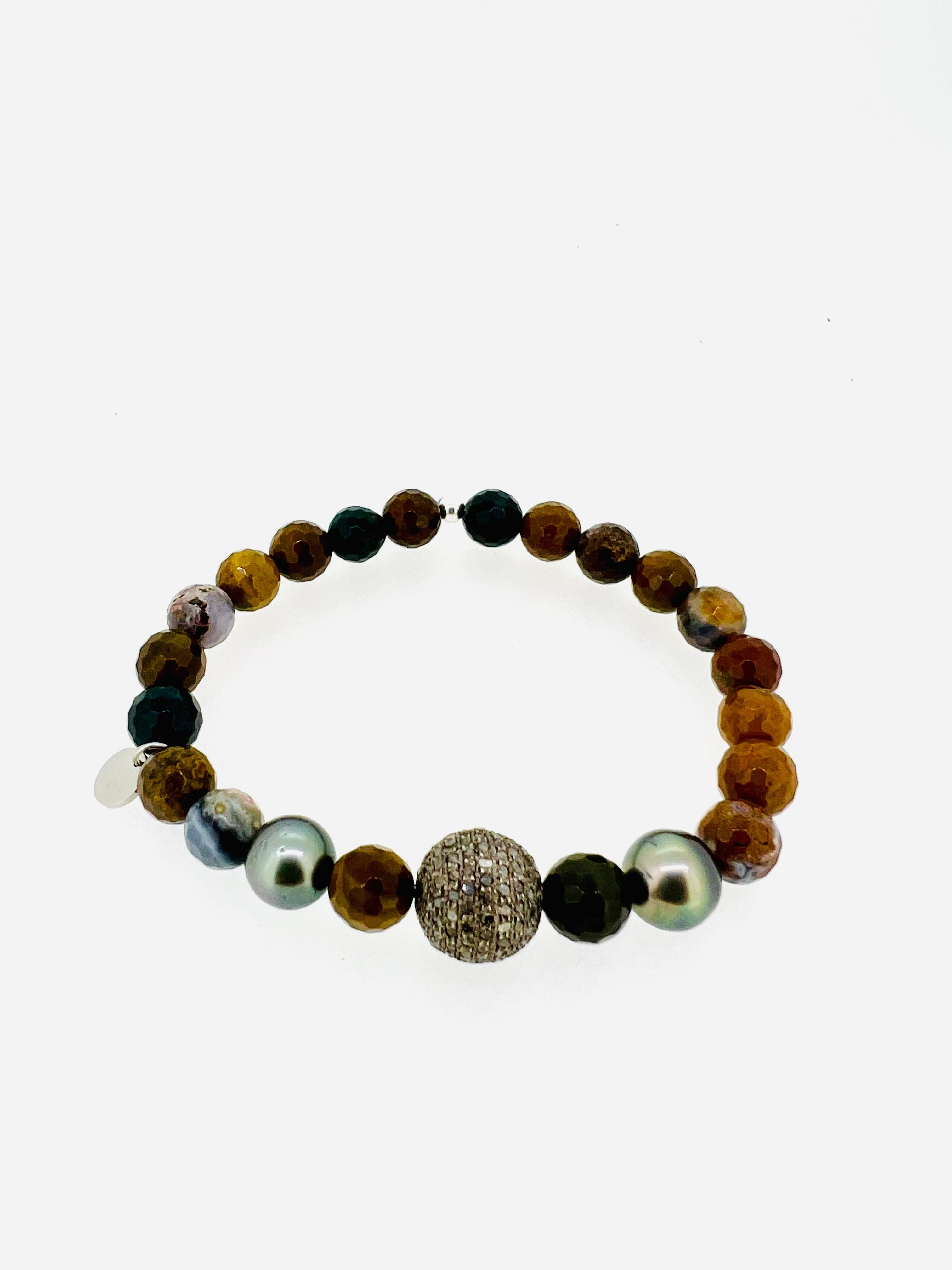 Men's Faceted Jasper & Tahitian Pearl Bracelet with Diamond-Accented Silver Orb In New Condition For Sale In Boostedt, SH