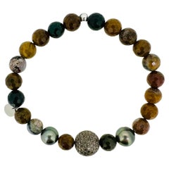 Pulsera de hombre de jaspe facetado y perla de Tahití con orbe de plata con diamantes
