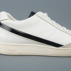 Men's FENDI Size 8 White Solid Leather Black Patent Stripe Sneakers