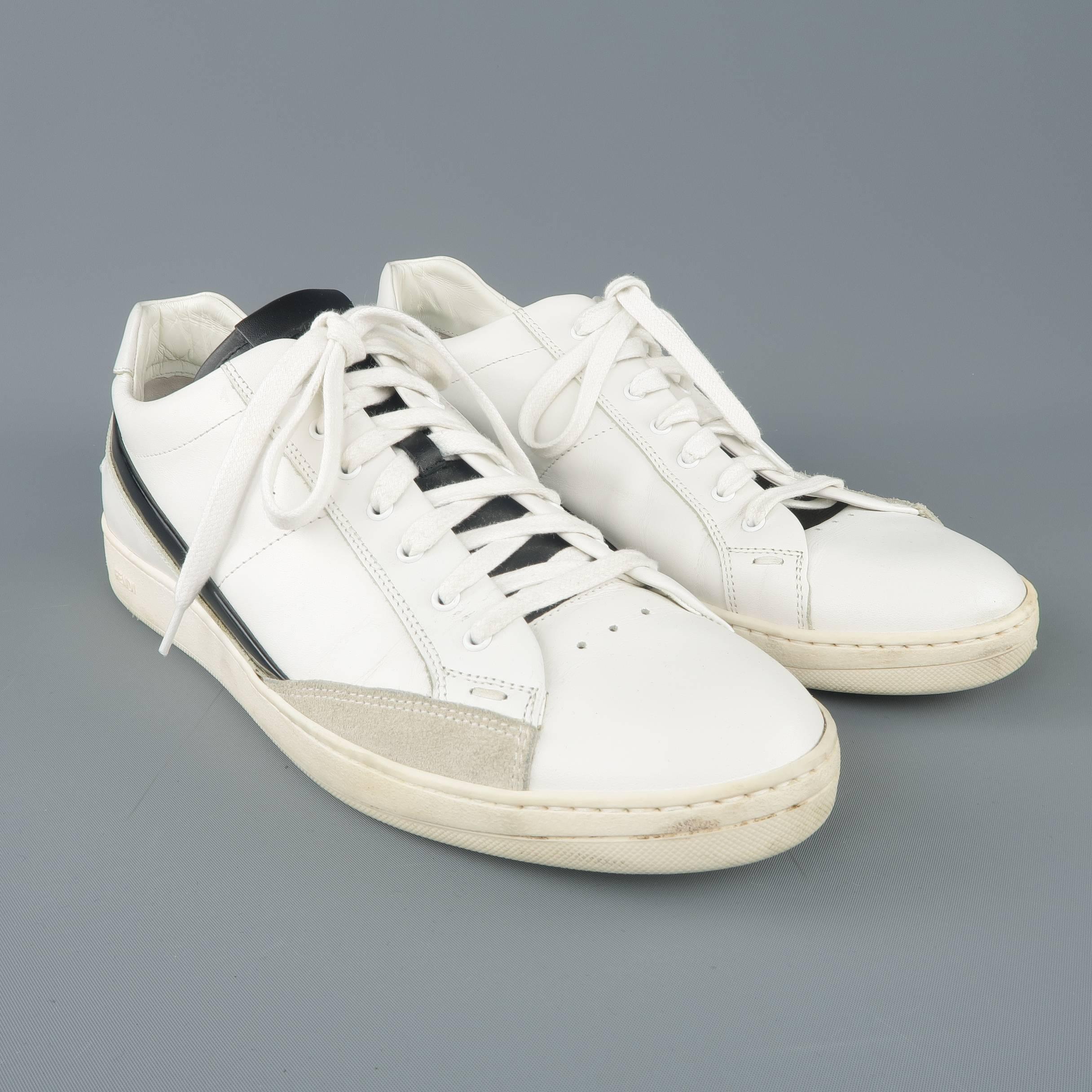 Beige Men's FENDI Size 8 White Solid Leather Black Patent Stripe Sneakers