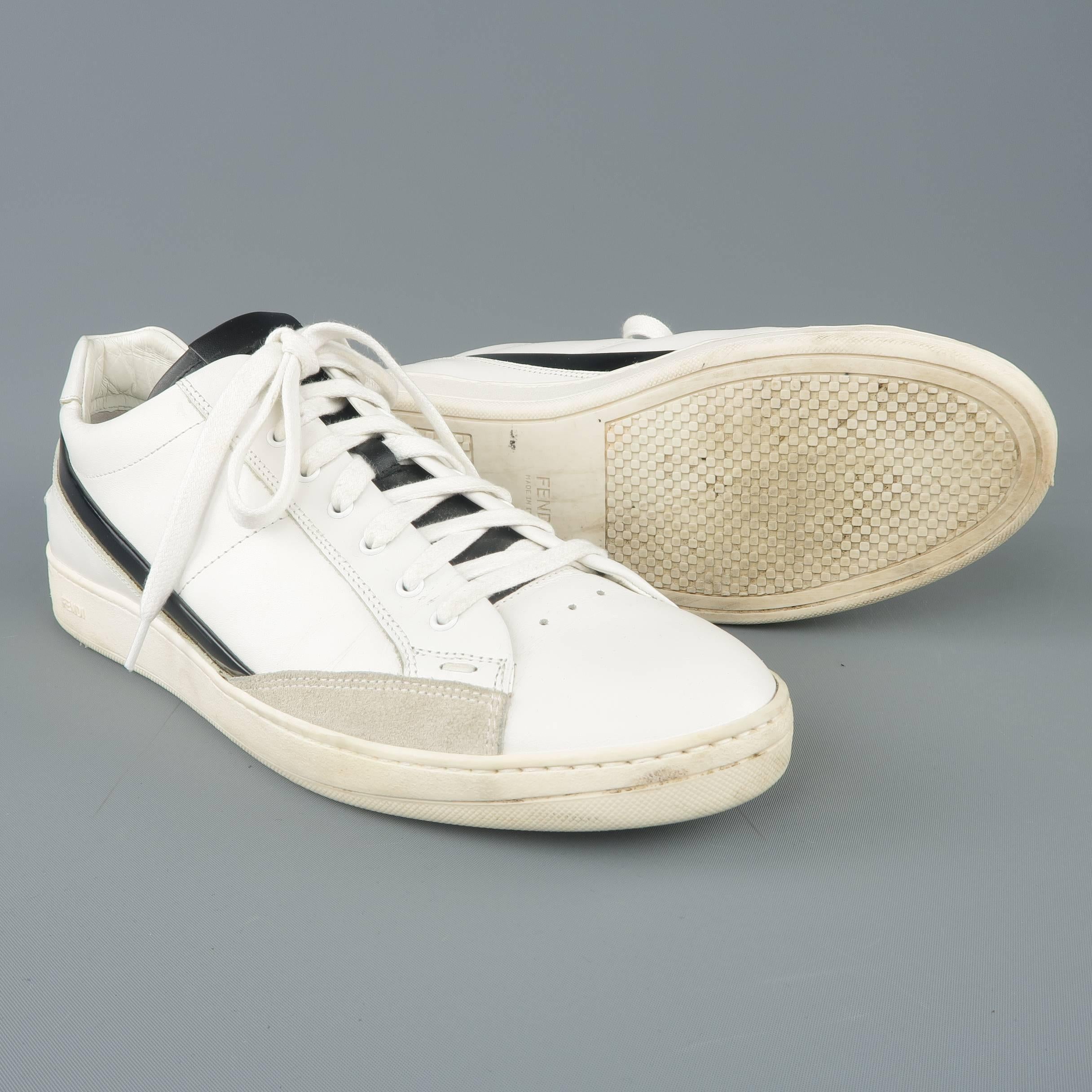 Men's FENDI Size 8 White Solid Leather Black Patent Stripe Sneakers In Fair Condition In San Francisco, CA