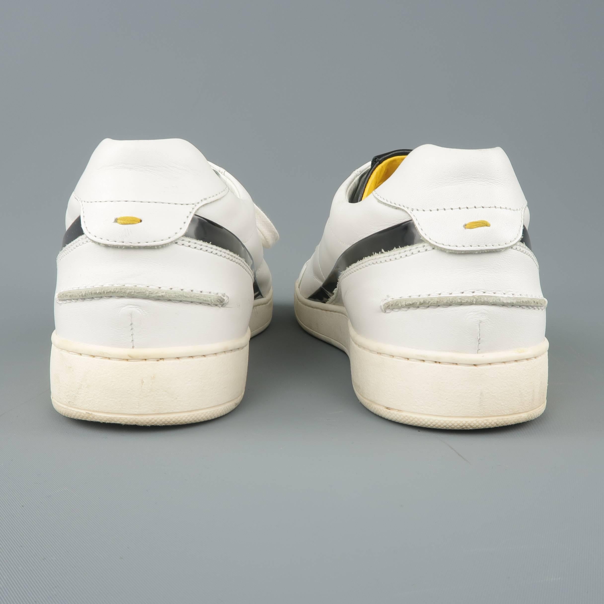 Men's FENDI Size 8 White Solid Leather Black Patent Stripe Sneakers 1