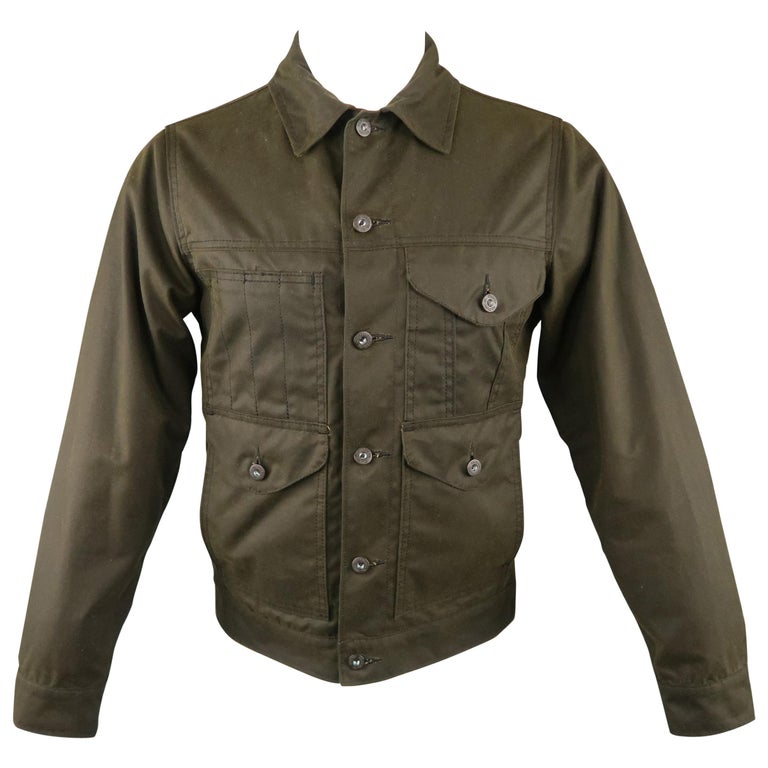 Men's FILSON XS Olive Waxed Cotton Flap Pocket Trucker Jacket at ...