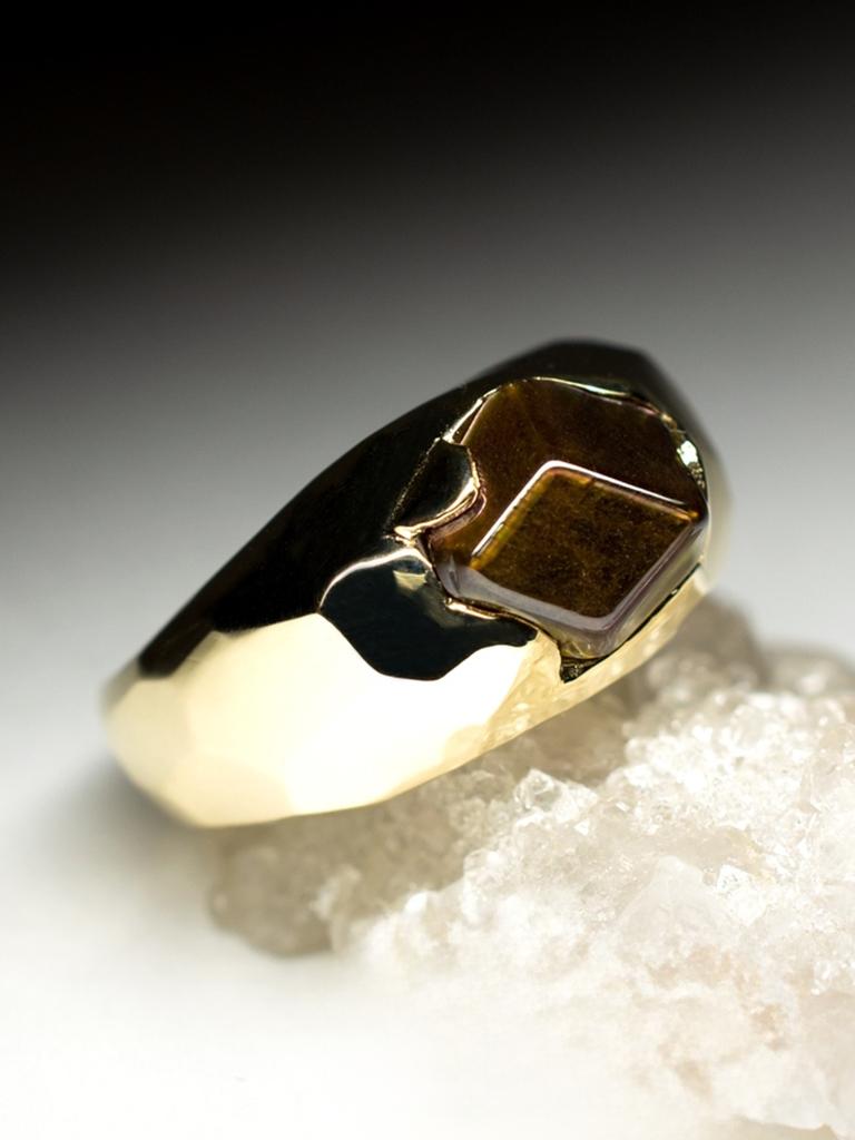 Men's Fire Garnet Gold Ring Faceted Hickory Brown Natural Japanese Stone Unisex For Sale 3