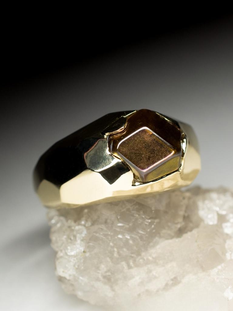 Men's Fire Garnet Gold Ring Faceted Hickory Brown Natural Japanese Stone Unisex For Sale 5