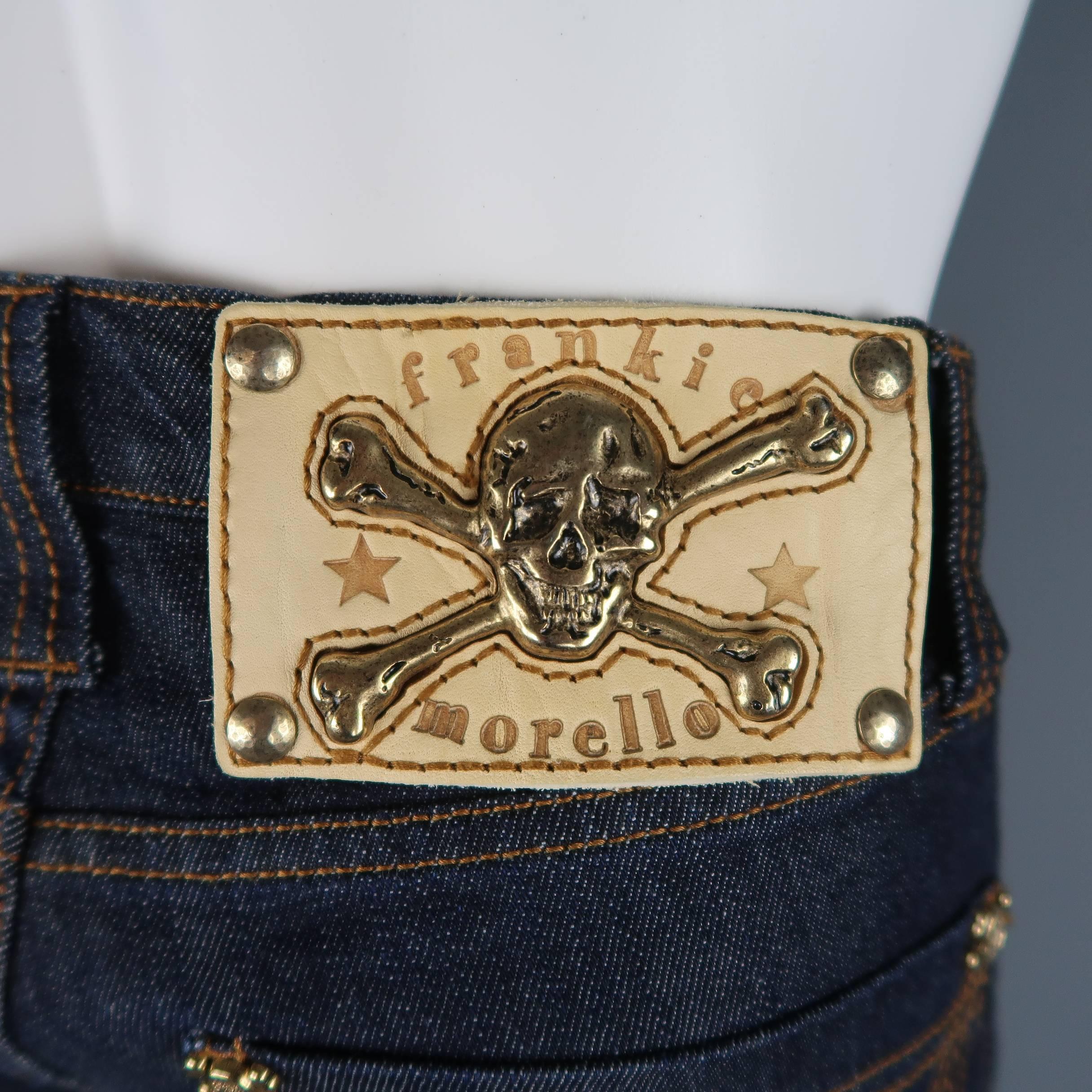 Men's FRANKIE MORELLO 30 Indigo Contrast Stitch Denim Gold Skull Crossbones Stud In New Condition In San Francisco, CA