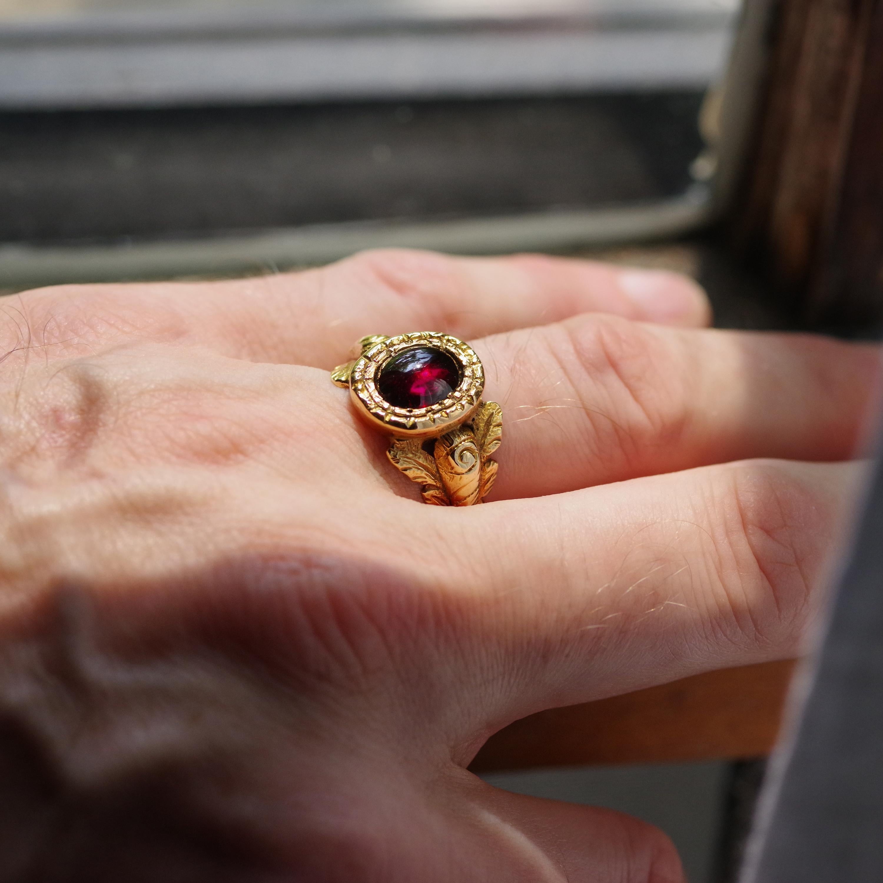 Men's Georgian Garnet Ring from France with Deeply Carved and Engraved Shoulders 3