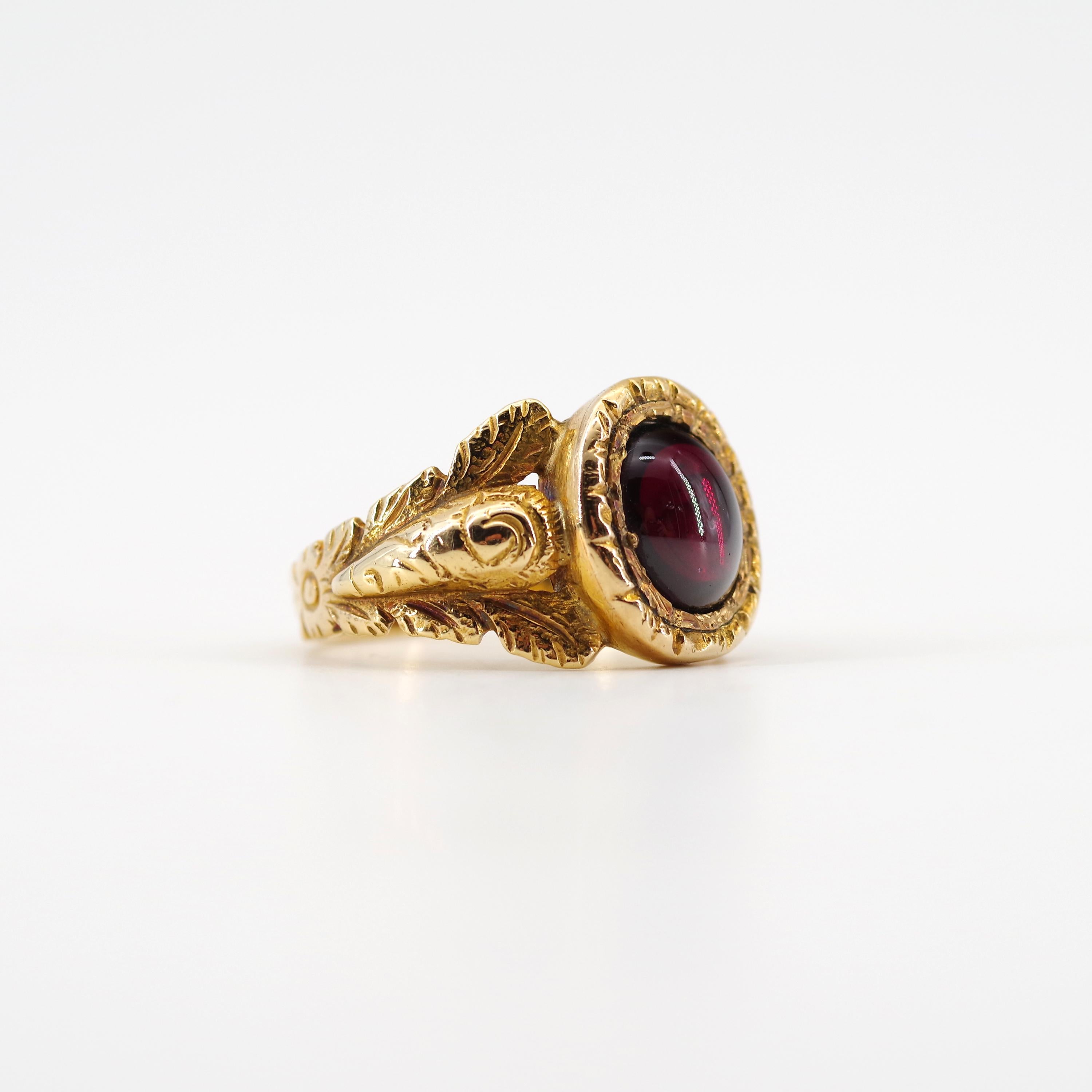 Women's or Men's Men's Georgian Garnet Ring from France with Deeply Carved and Engraved Shoulders