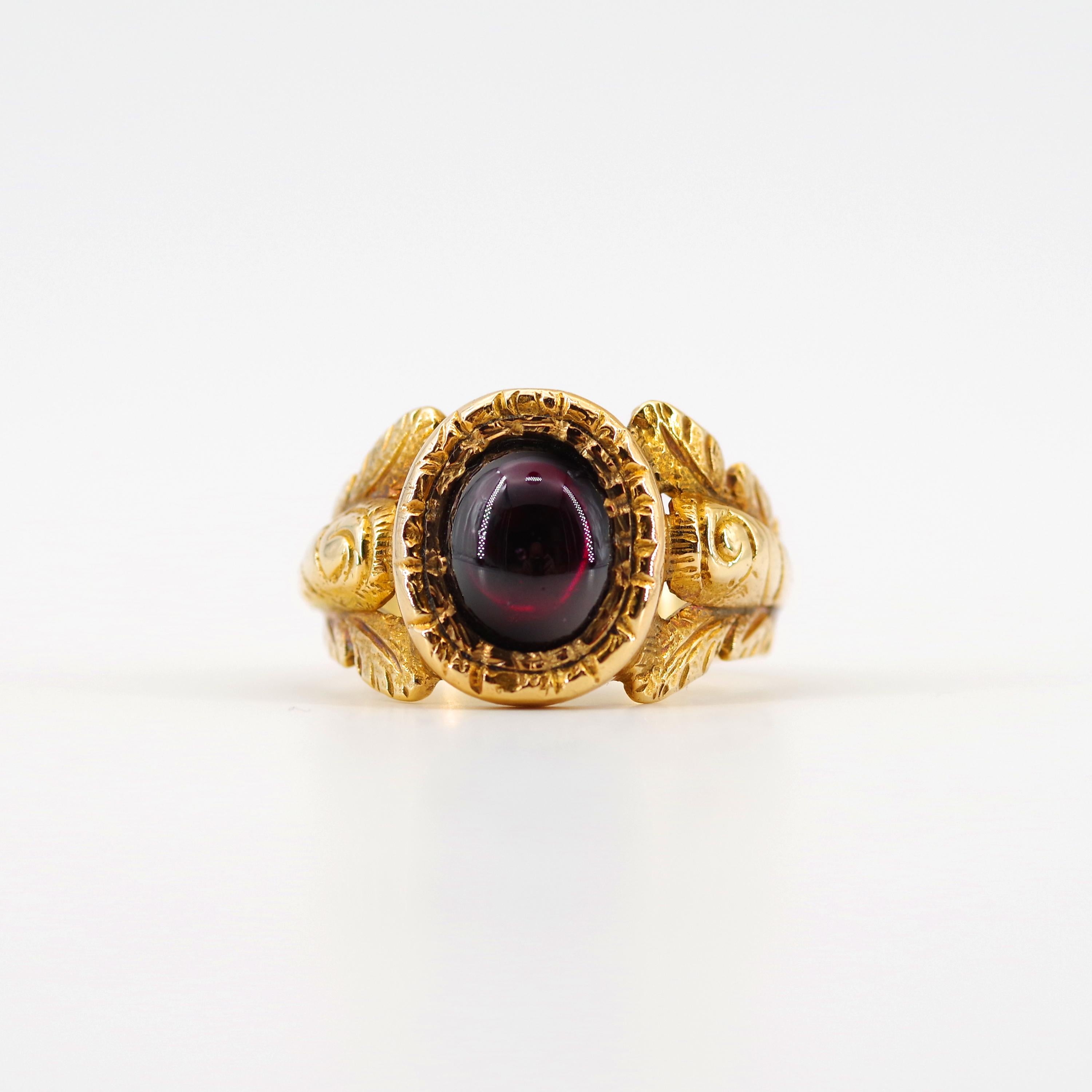 Men's Georgian Garnet Ring from France with Deeply Carved and Engraved Shoulders 1