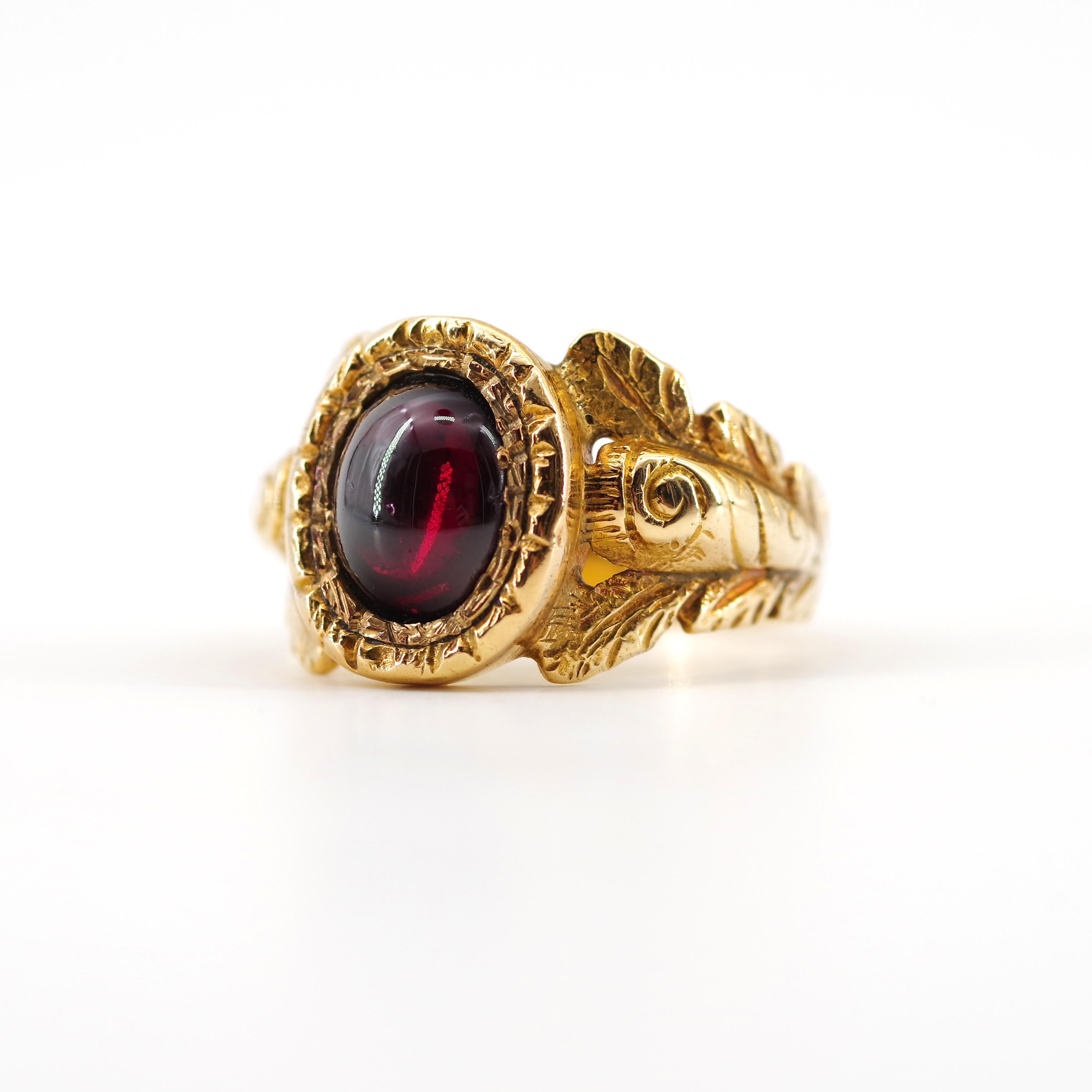 Men's Georgian Garnet Ring from France with Deeply Carved and Engraved Shoulders 2