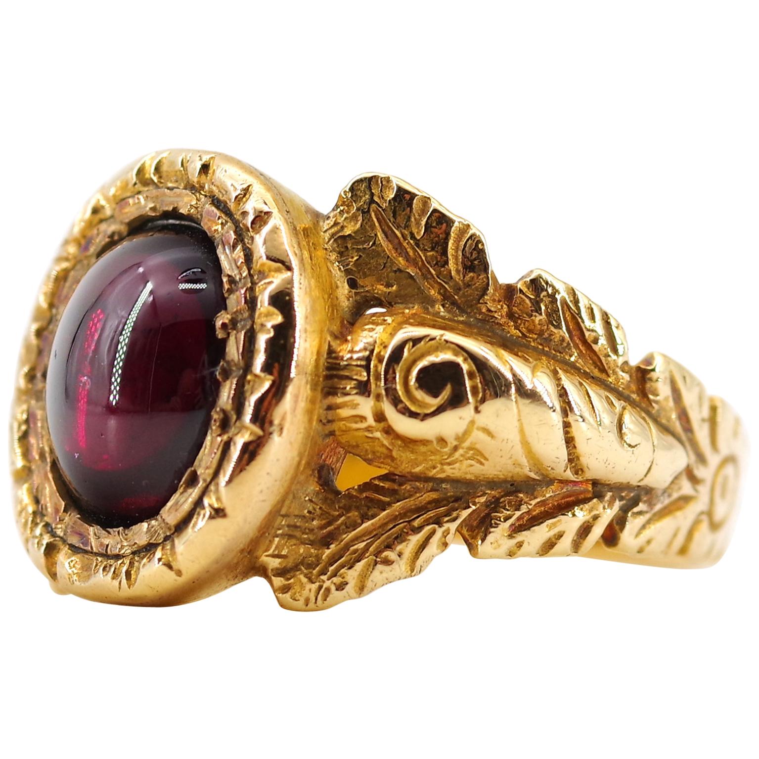 Men's Georgian Garnet Ring from France with Deeply Carved and Engraved Shoulders