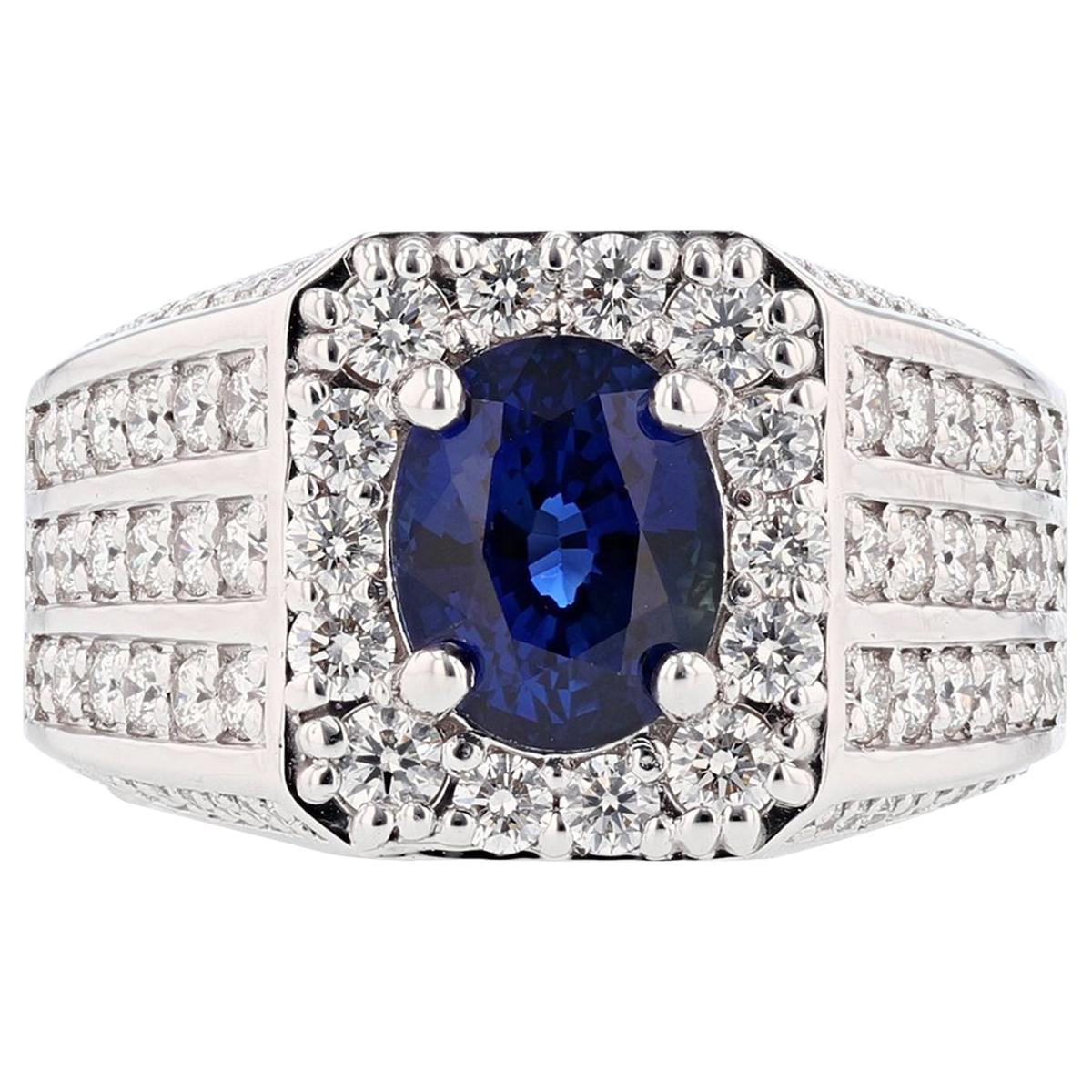 Men's GIA Certified 14 Karat Gold 4.00 Carat Oval Ceylon Sapphire Diamond Ring For Sale