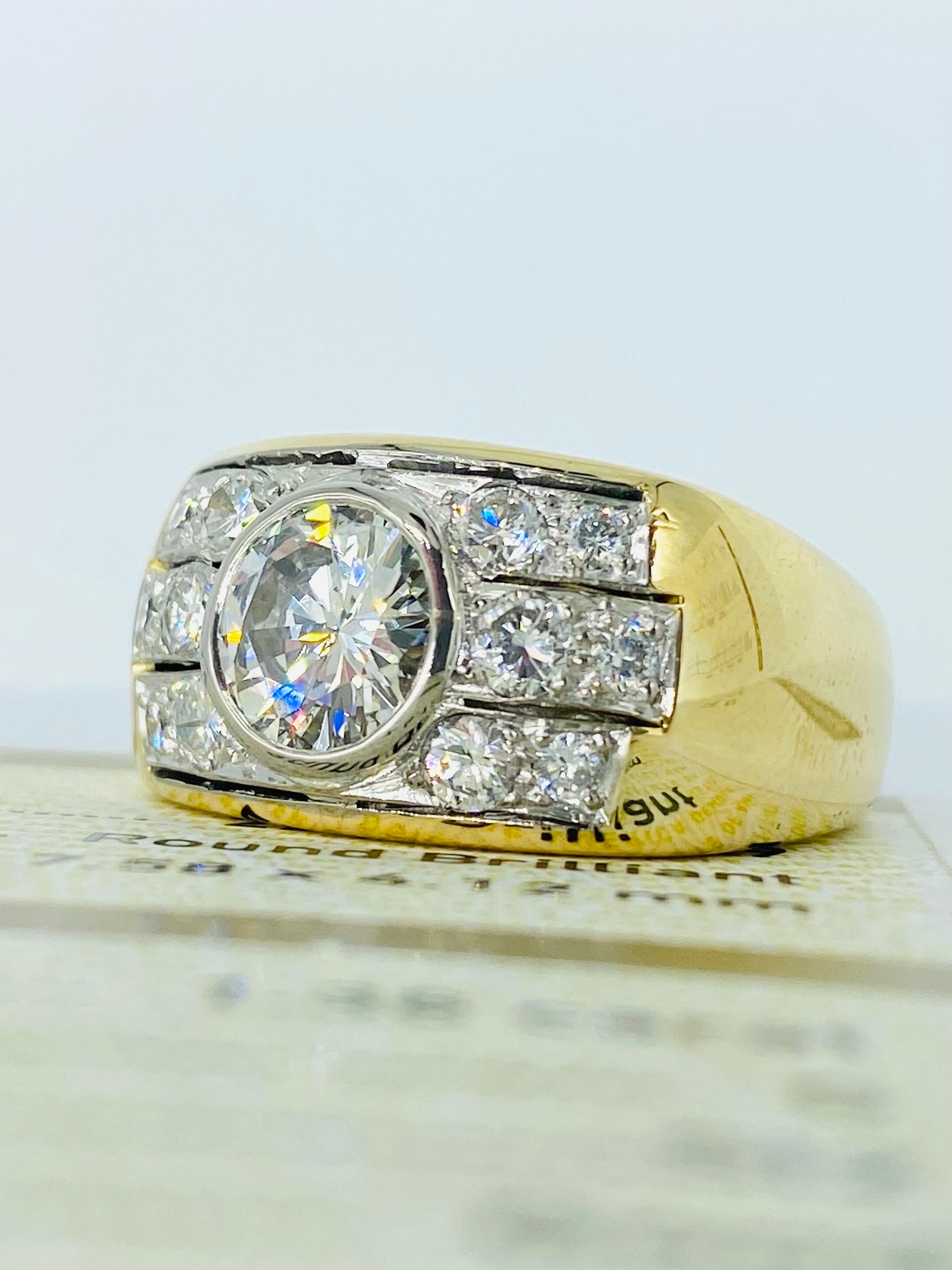 Very fancy and bold Men’s GIA Certified 2.31 Carat Round Diamond Ring. The diamond in the center is Certified by GIA with report number 2225393189 and weights 1.38 carat with color: G & clarity: SI2
The ring features approx 0.93 carat on the side