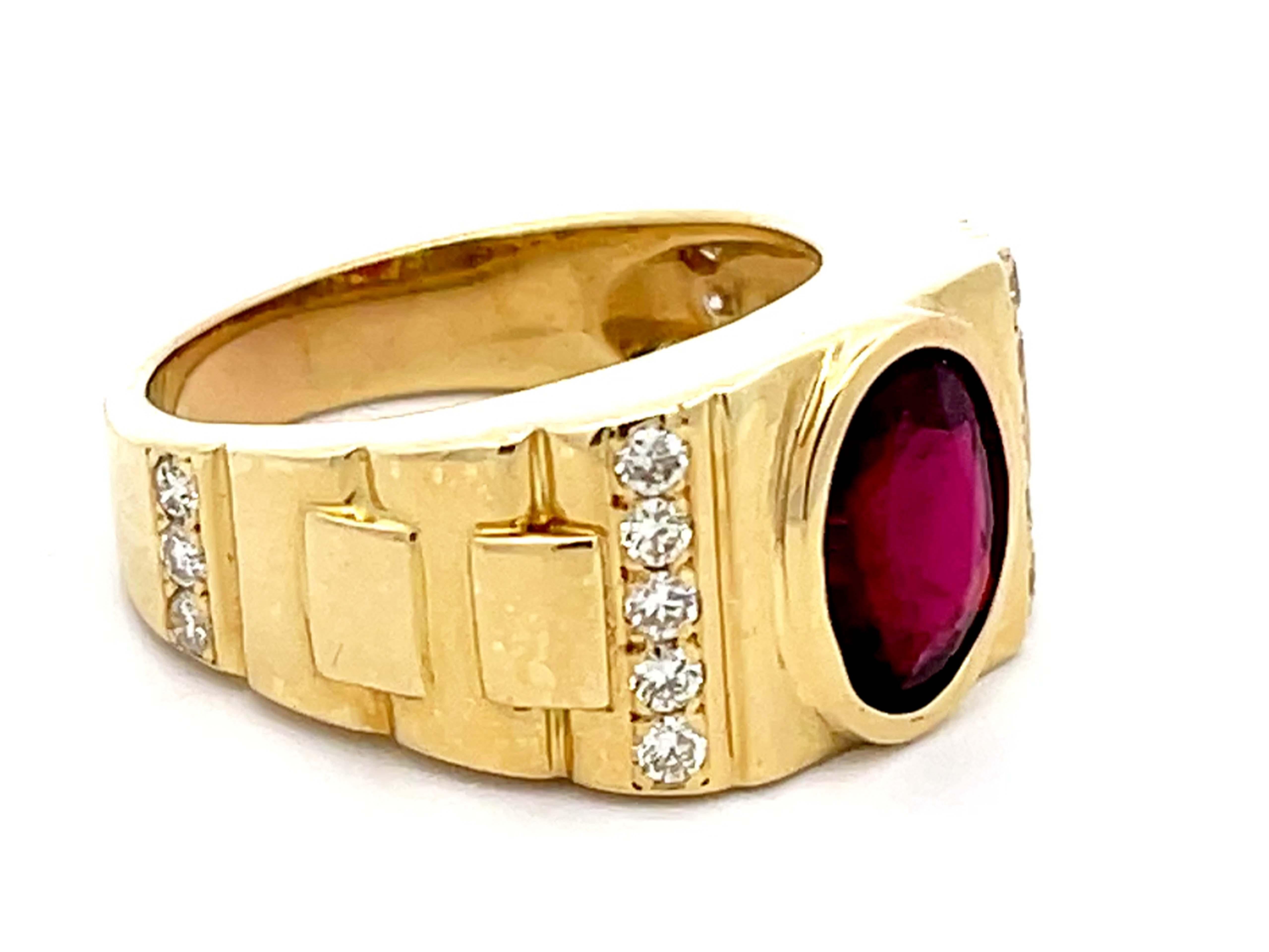 Oval Cut Mens GIA Red Rubellite Tourmaline and Diamond Ring 18k Yellow Gold For Sale