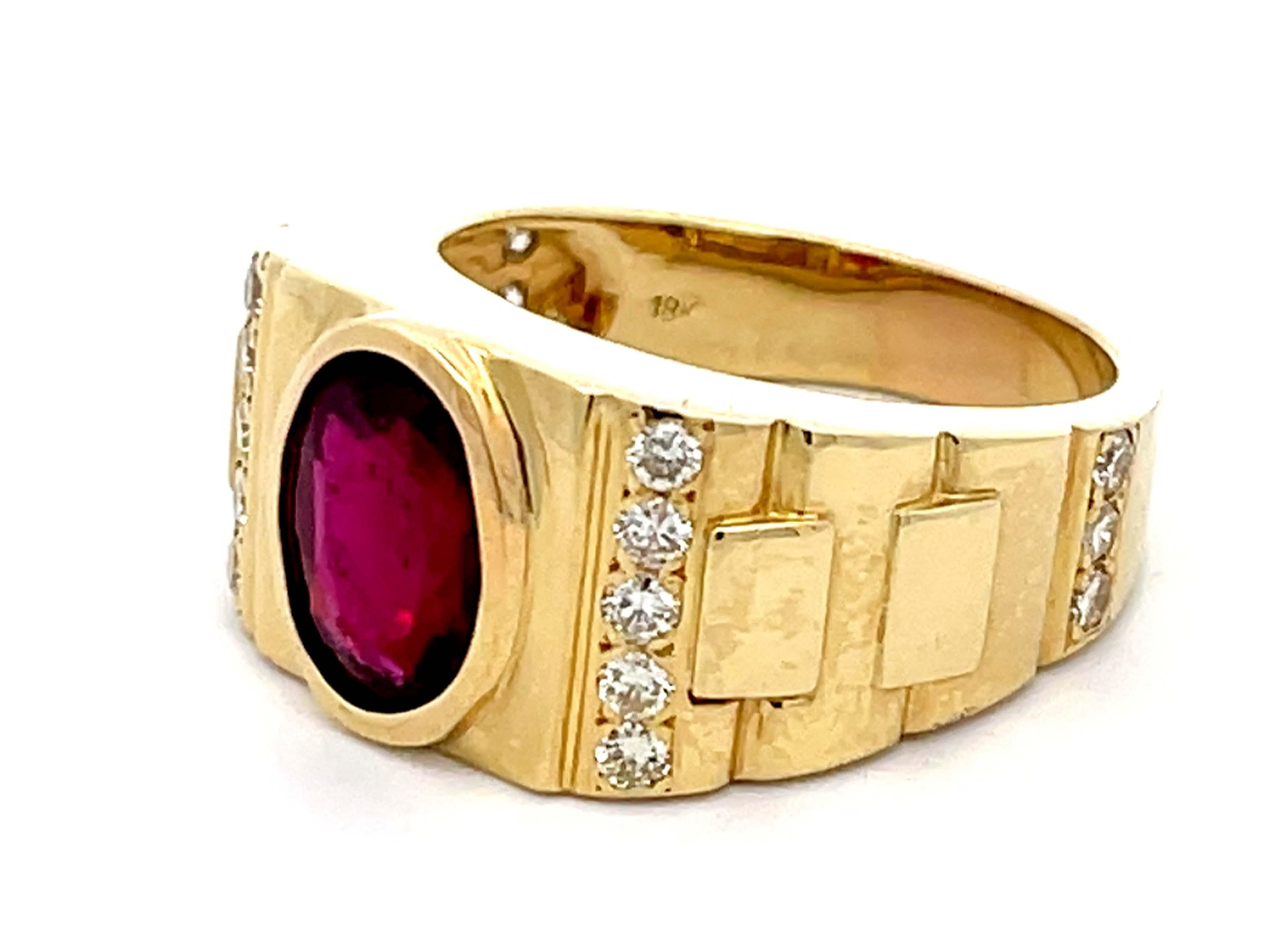 Mens GIA Red Rubellite Tourmaline and Diamond Ring 18k Yellow Gold In Excellent Condition For Sale In Honolulu, HI