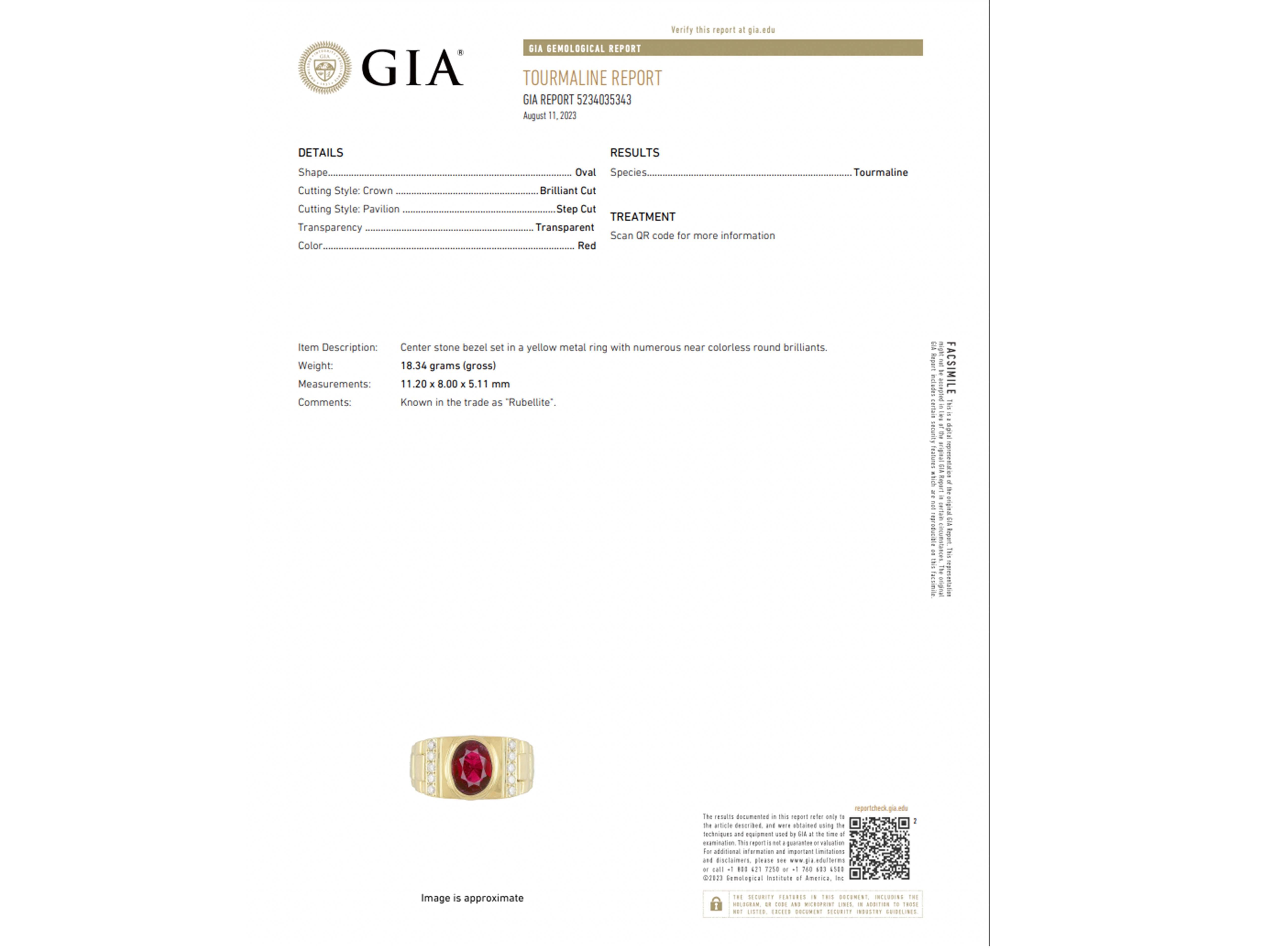 Mens GIA Red Rubellite Tourmaline and Diamond Ring 18k Yellow Gold For Sale 3