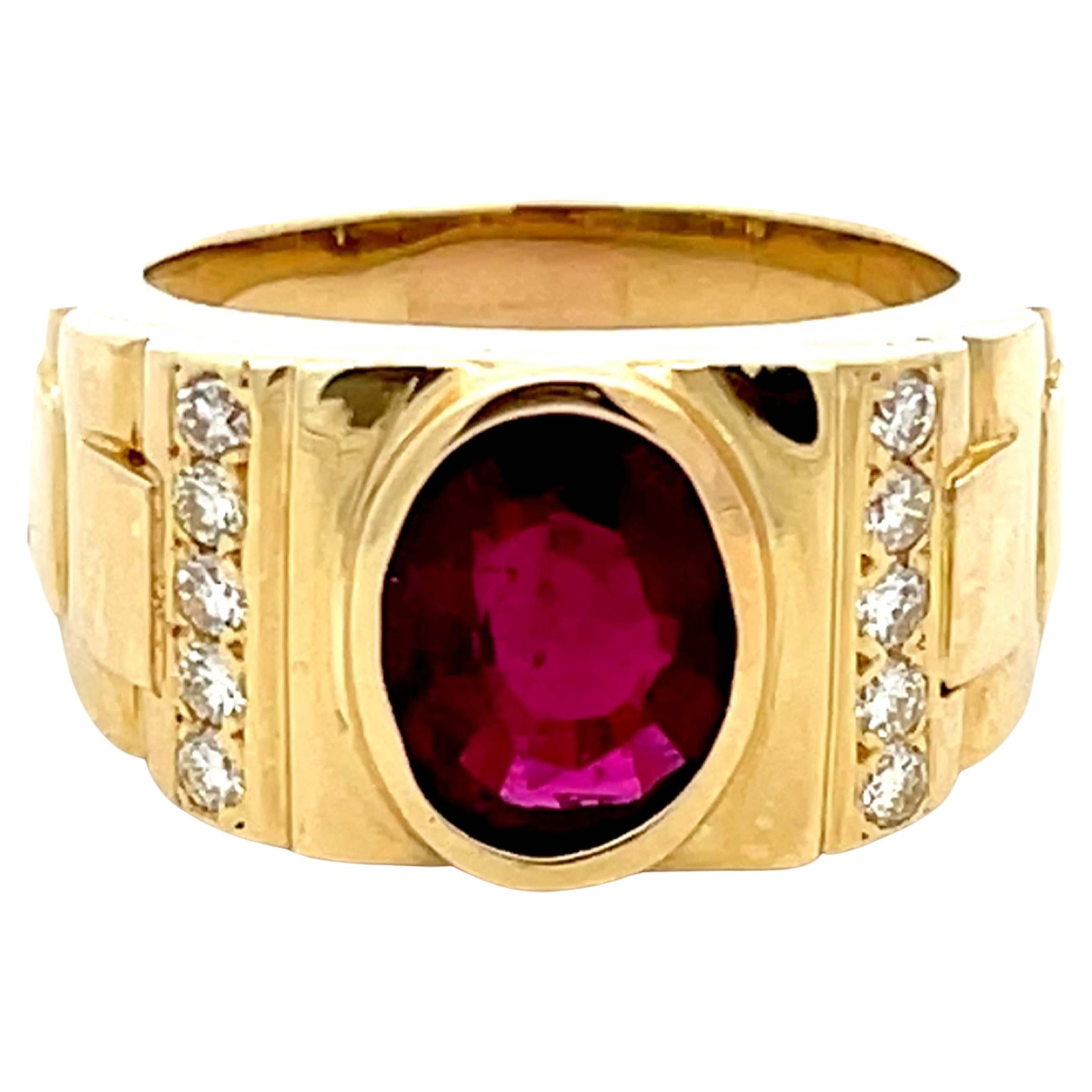 Mens GIA Red Rubellite Tourmaline and Diamond Ring 18k Yellow Gold