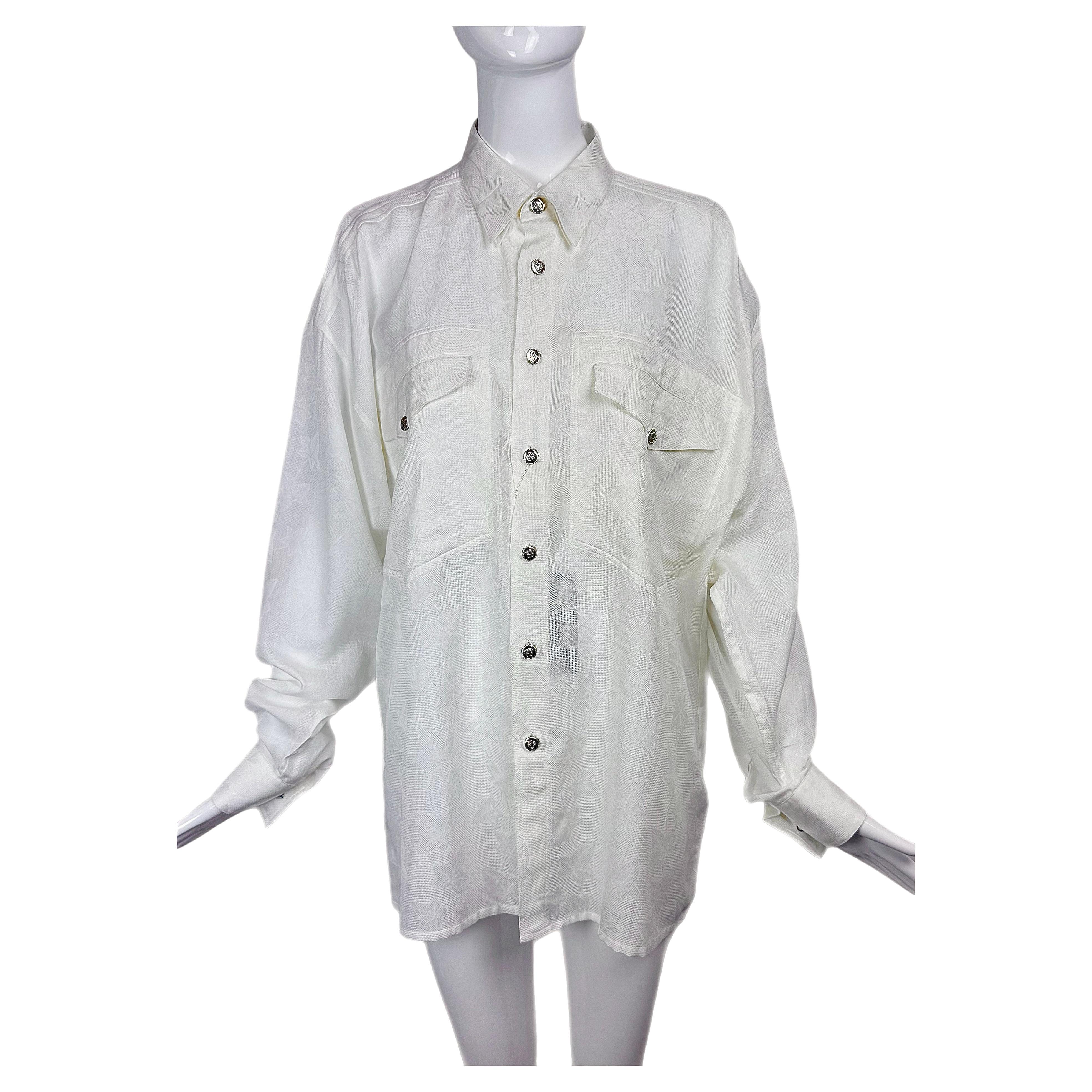 Men's GIANNI VERSACE 1997 vintage off white ivory printed shirt For Sale