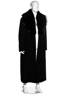 Men's Gianni Versace black cashmere wool oversized coat with fox fur, fw 1999