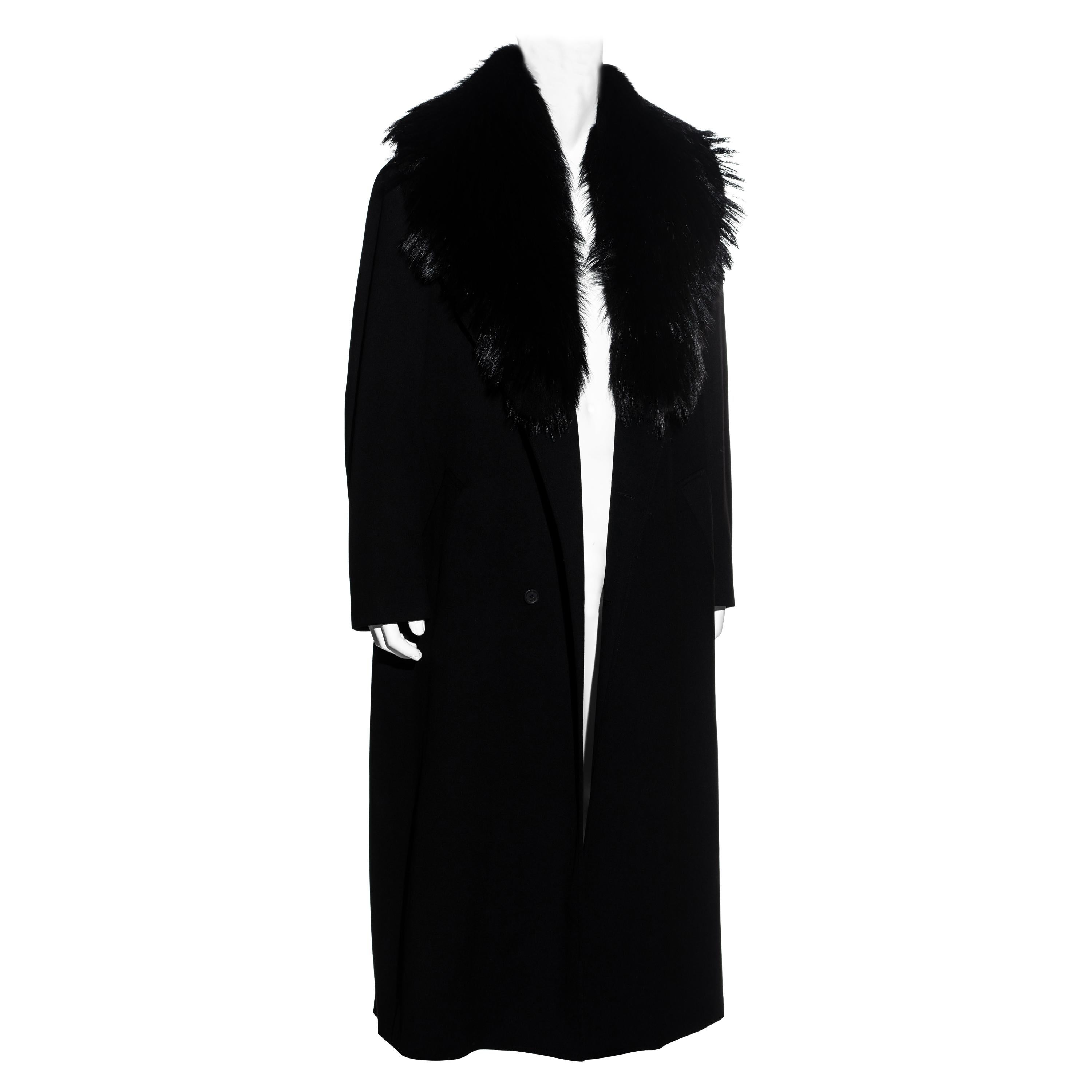 Men's Gianni Versace black cashmere wool oversized coat with fox fur, fw 1999