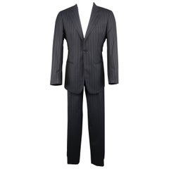 Used Men's GIORGIO ARMANI 40 Regular Navy Stripe Wool Single Button Notch Lapel Suit