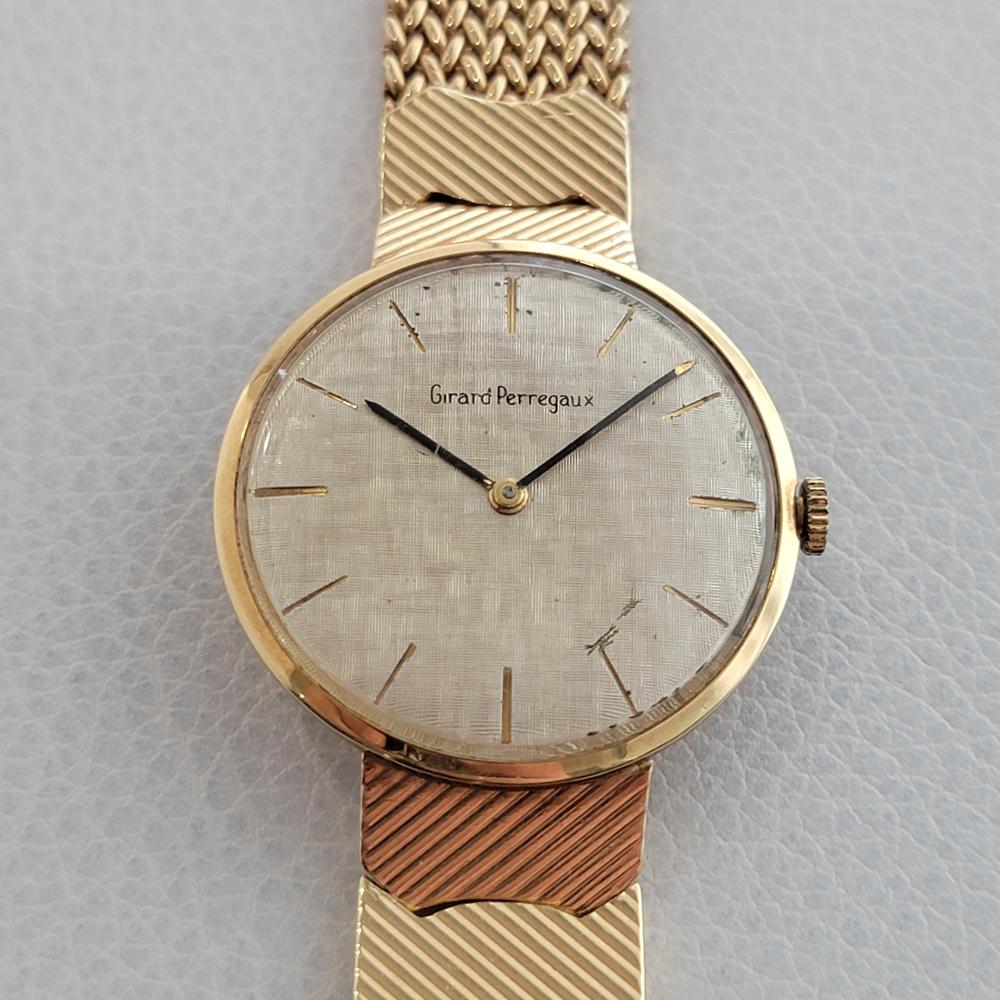Timeless luxury classic, Men's Girard Perregaux 14k solid gold manual wind dress watch, c.1960s, all original. Verified authentic by a master watchmaker. Gorgeous Girard Perregaux signed linen dial, gold indice hour markers, black minute and hour