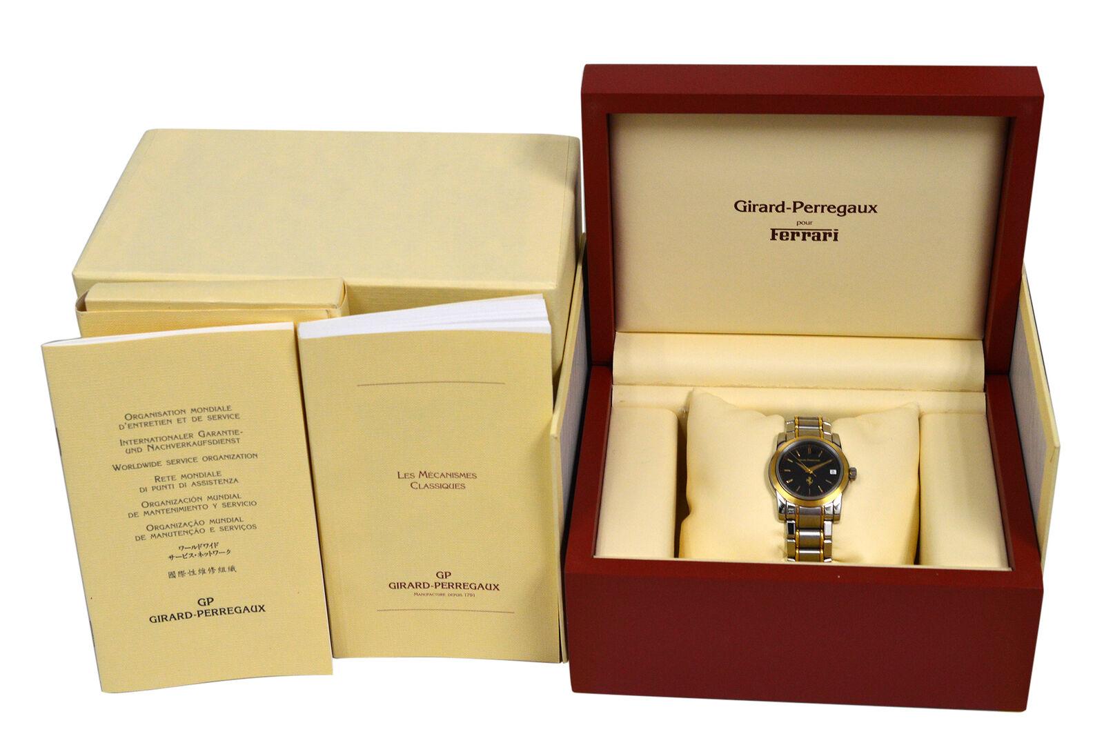 Brand	Girard-Perregaux
Model	Ferrari 8025
Gender	Men's
Condition	New store display
Movement	Automatic 
Case Material	Stainless Steel & Gold
Bracelet / Strap Material	Stainless Steel & Gold
Clasp / Buckle Material	Stainless Steel
Clasp Type	Butterfly