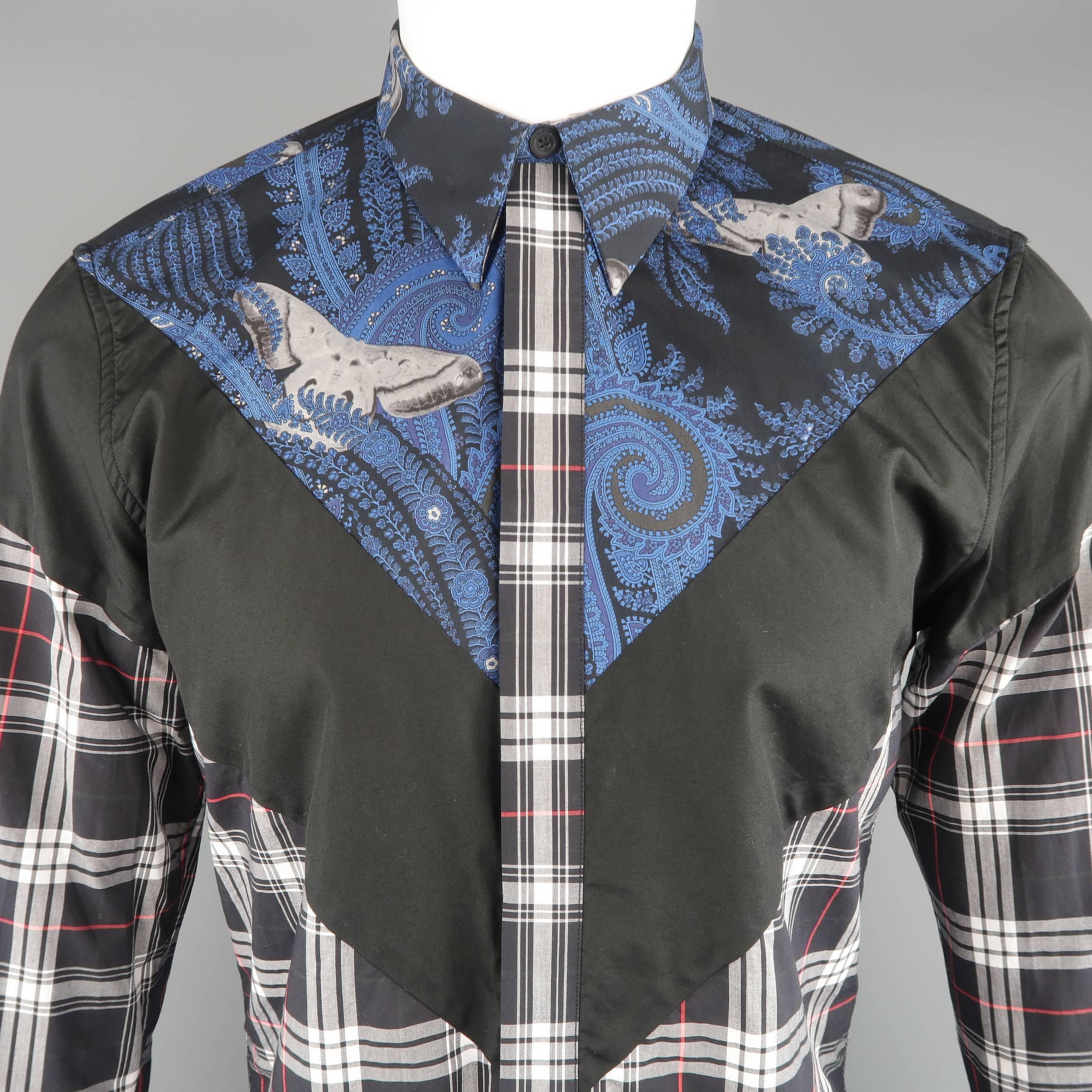 GIVENCHY Spring 2015 shirt by RICCARDO TISCI comes in black, white, and red plaid cotton with a pointed collar, hidden placket closure, blue butterfly paisley print top panel, and black V mid panel. Made in Portugal.
 
Excellent Pre-Owned