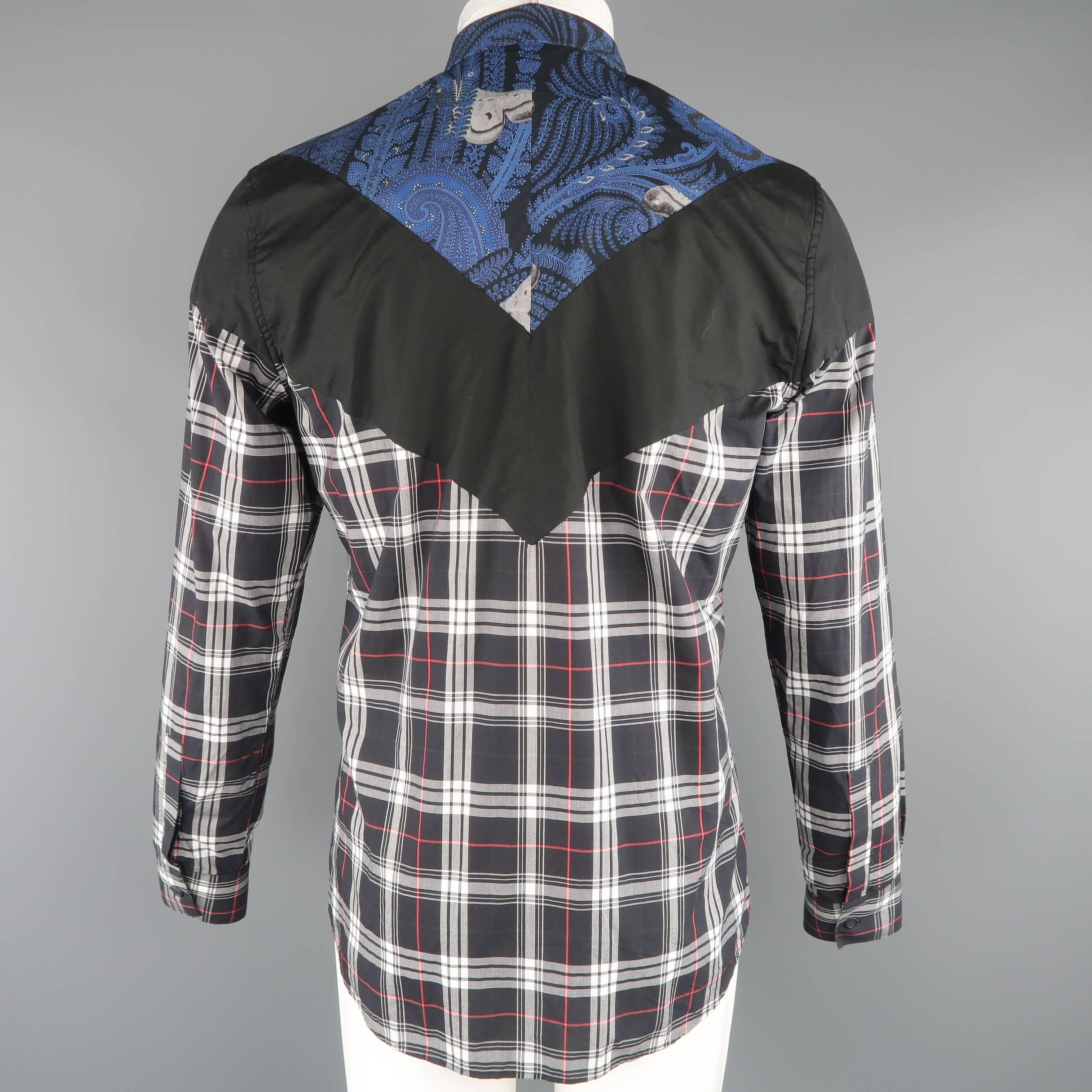 Men's GIVENCHY Size M Black Blue & Red Plaid & Paisley Color Block Shirt In Excellent Condition In San Francisco, CA