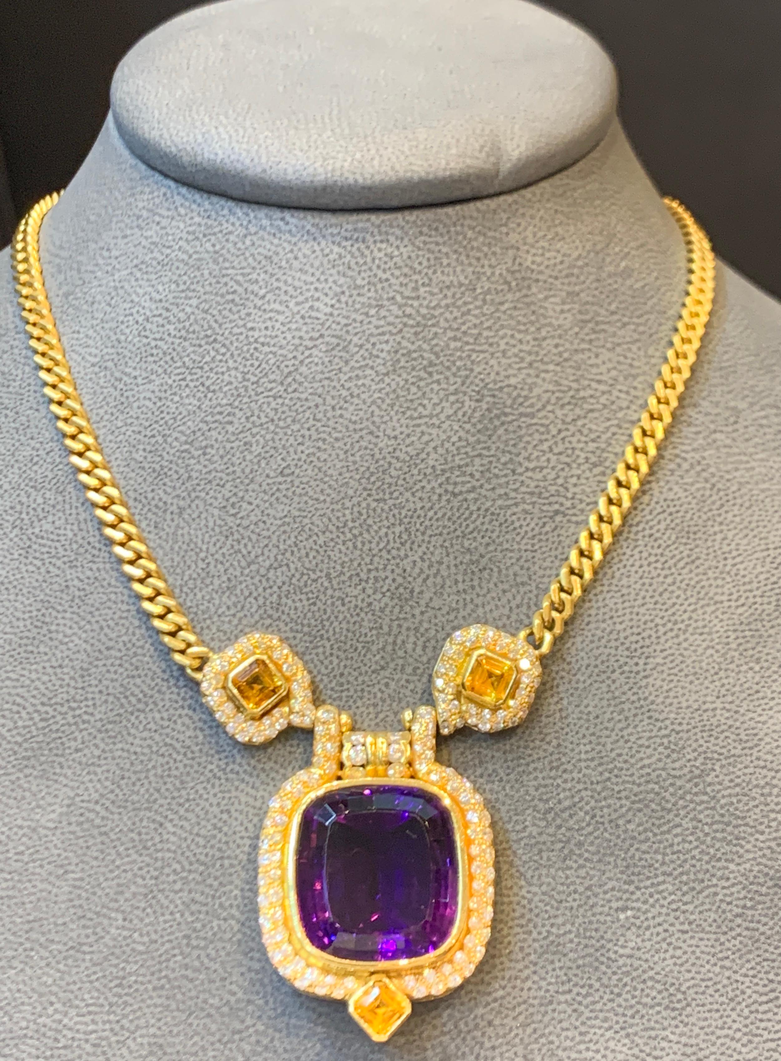 Men's Gold Amethyst & Diamond Necklace , set in 18K Yellow Gold 
74.5 Grams 
Amethyst Weight:  approx 47.37 Cts
3 yellow citrines, Citrine Weight: approx 2.80 Cts
152 diamonds, Diamond Weight: approx 3.25
Chain Measurements: 14