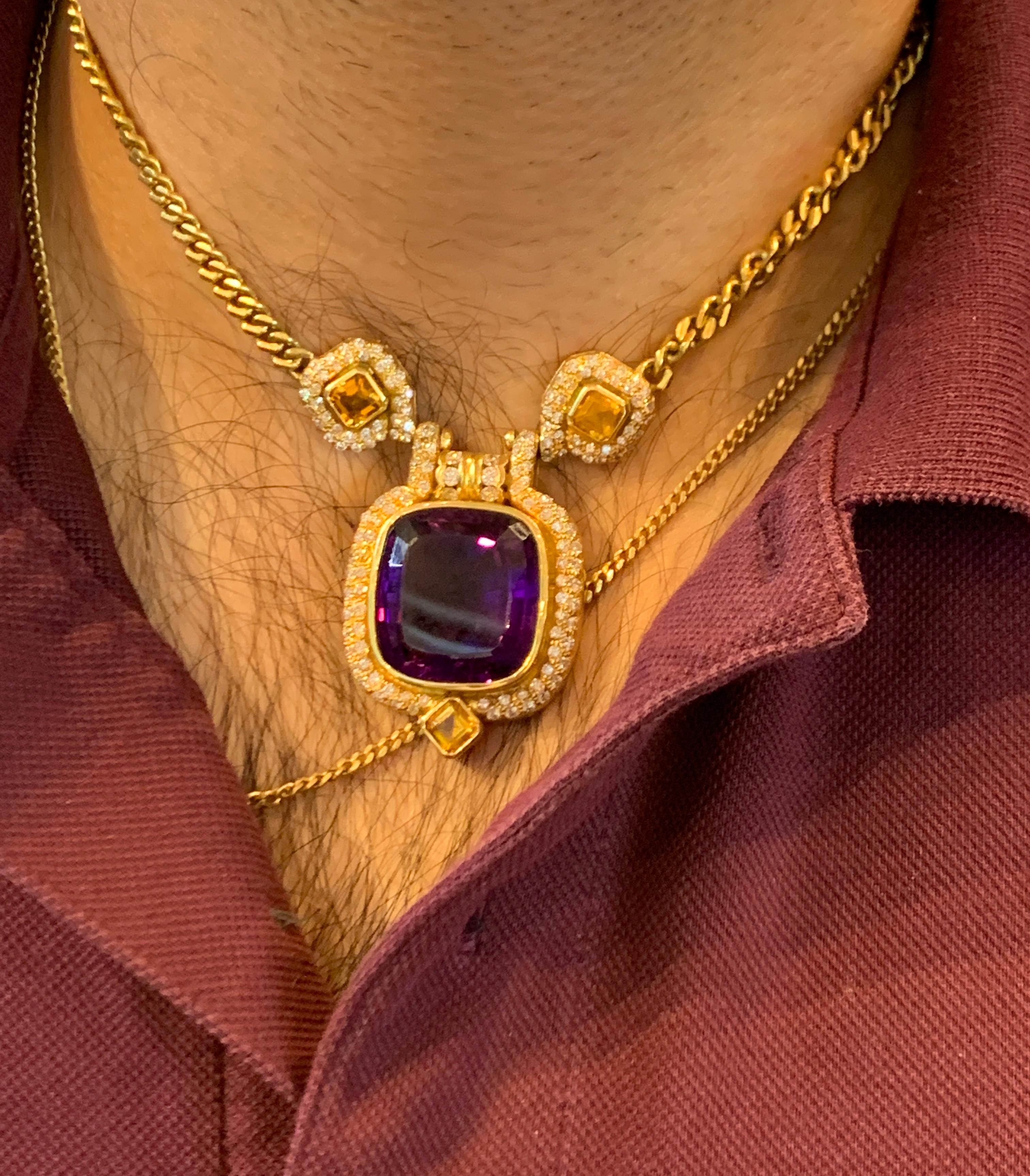 Men's Gold Amethyst and Diamond Necklace In Excellent Condition In New York, NY