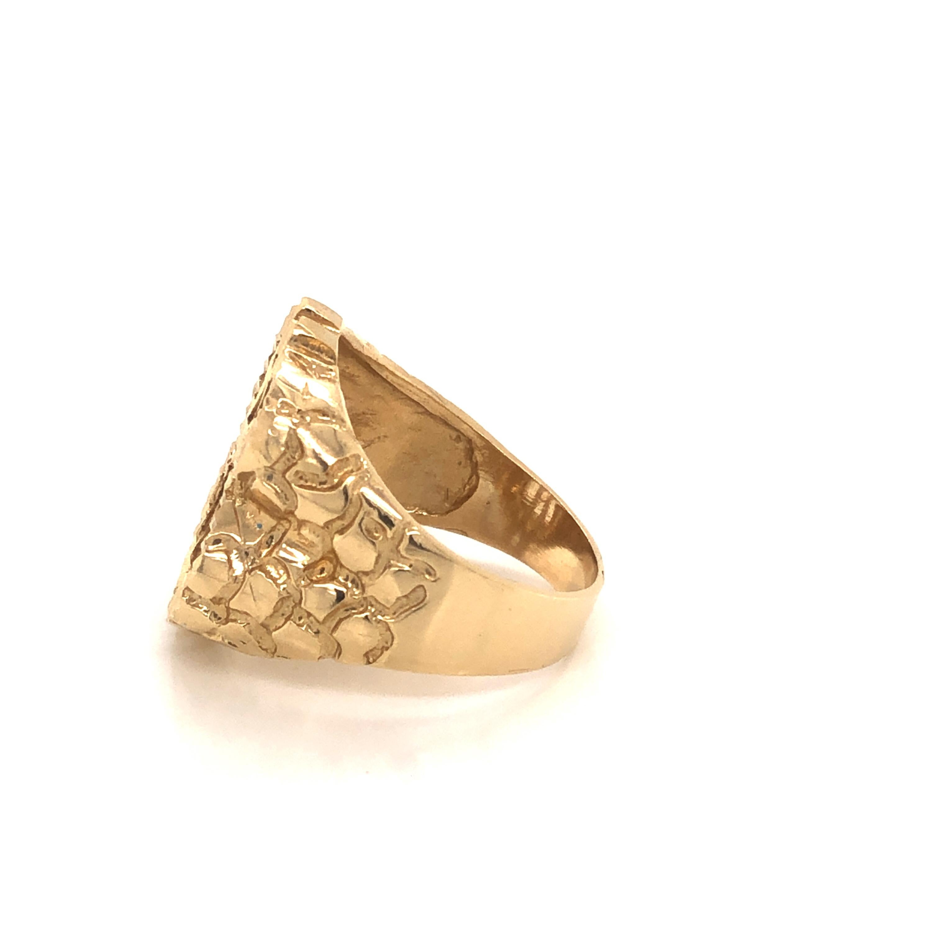 Modern Mens Gold Dollar Sign Nugget Ring in 14k Yellow Gold For Sale