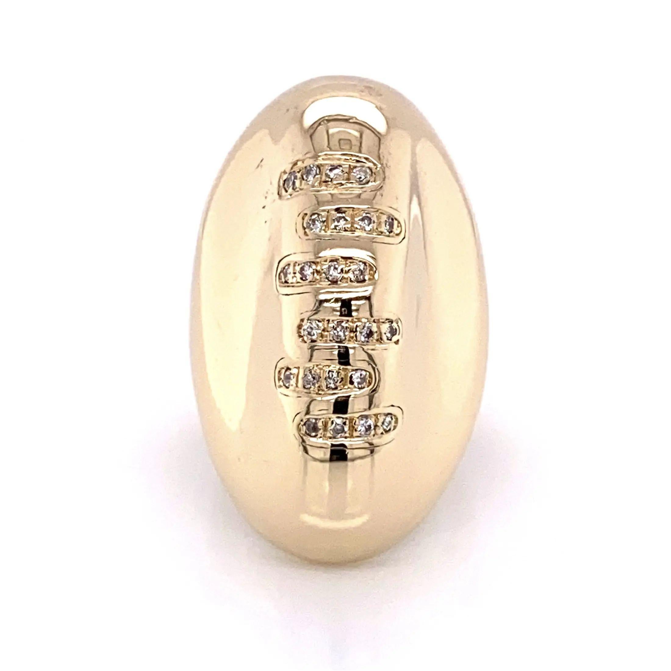 Unique Gent's Gold and Diamond Football Ring. Laces Hand set with Diamonds, weighing approx. 0.33 total Carat weight. Hand crafted 14 Karat yellow Gold Mounting. Size 6.5., we offer ring resizing.  For that Special Sports Enthusiast, including you! 