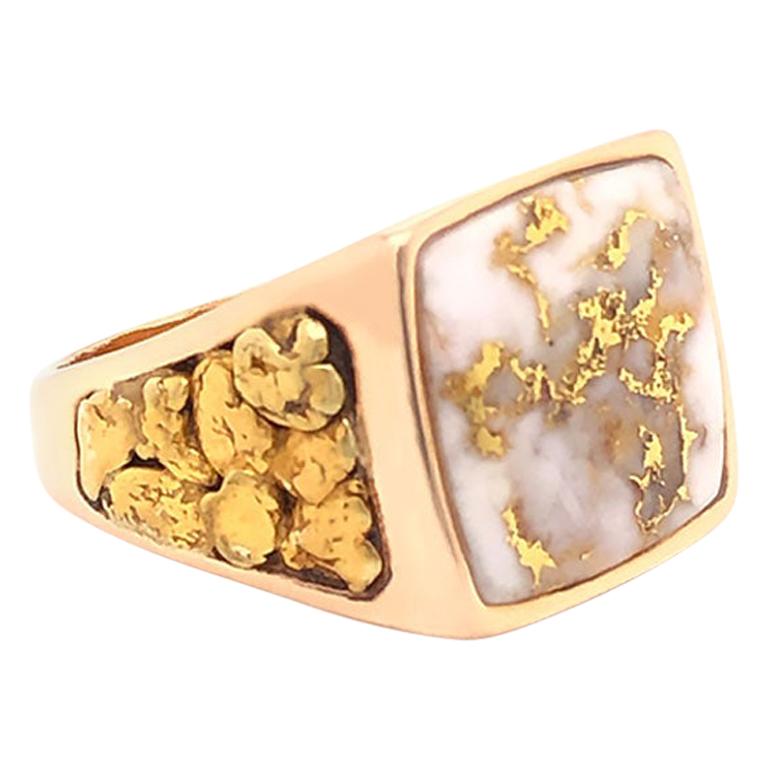 Men’s Gold Quartz and Gold Nugget Large Ring, 14 Karat and 22 Karat Yellow Gold