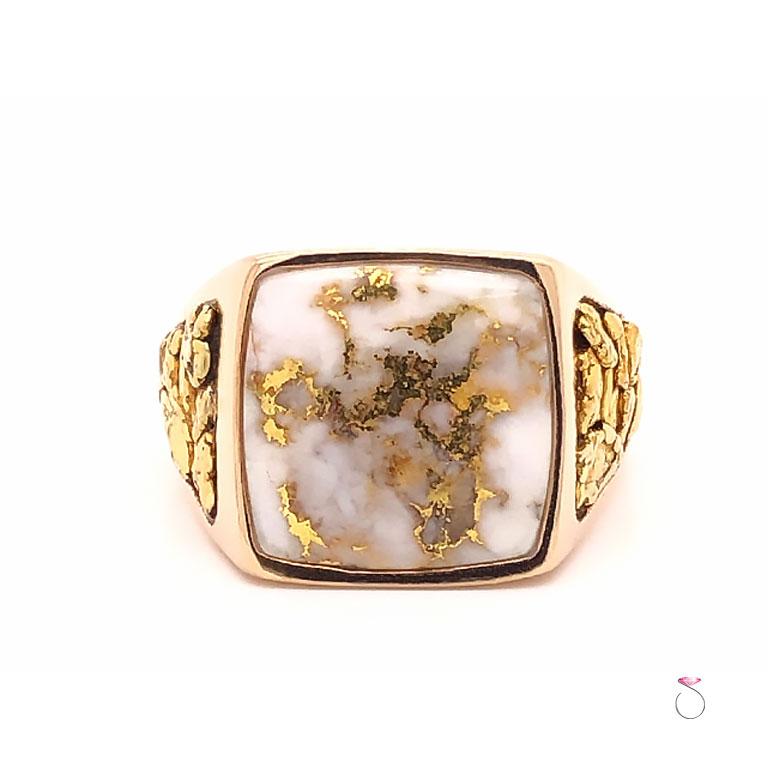 Very unique men's gold quartz & gold nugget Ring in 14K yellow gold. This beautiful ring features a large cushion shape gold quartz gemstone, bezel set at the center. This rare quartz is white in color with natural gold veins running through out the