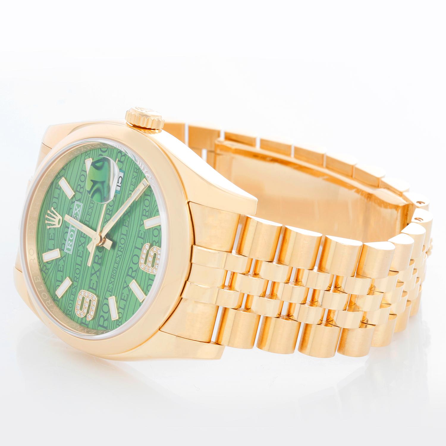 Men's Gold Rolex Datejust Watch 116208 - Automatic winding. 18k yellow gold case and smooth bezel (36mm diameter).Factory Green Pave Diamond 6 & 9 markers . 18k yellow gold Jubilee bracelet. Pre-owned with Rolex box and service papers. Comes with