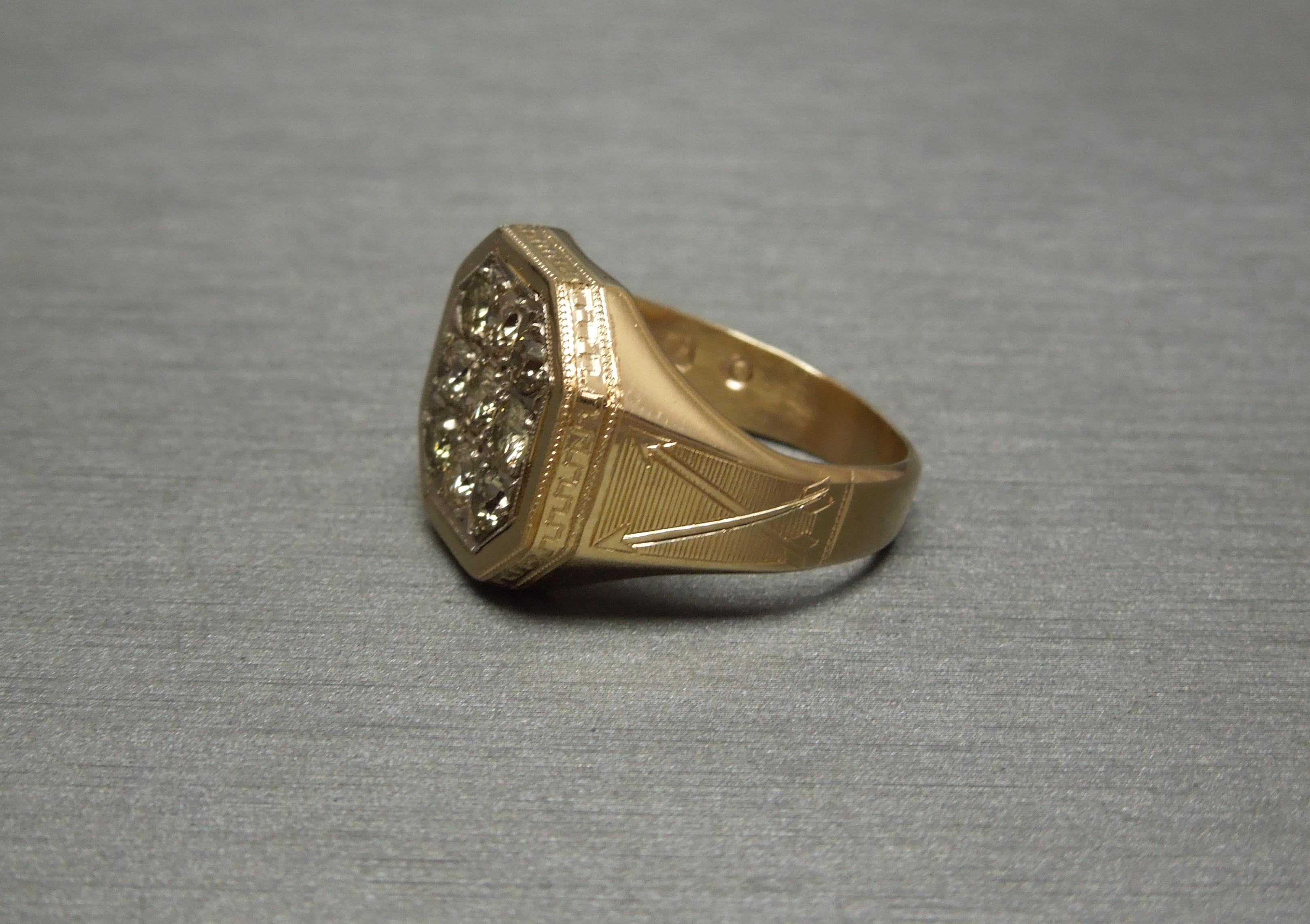 A recreation of the Art Deco period, yet combining both Greek & Roman influences. With an exceptionally detailed Hand-Tooled Engraved arrow design on each side. Certainly an everyday wearable ring for a man, or a woman if desired as well, due to the