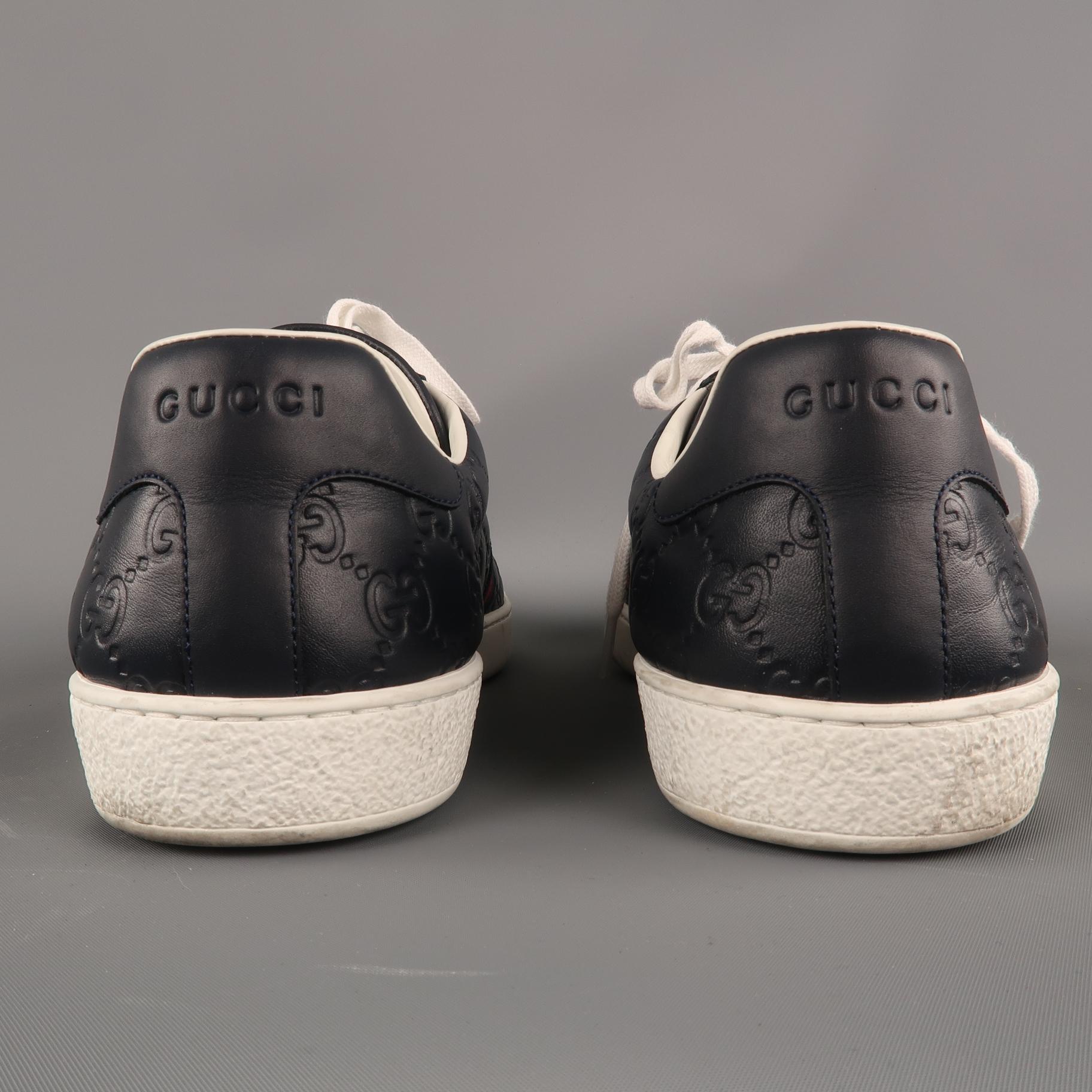Men's GUCCI ACE Size 11 Navy Monogram Leather Lace Up Sneakers In Excellent Condition In San Francisco, CA