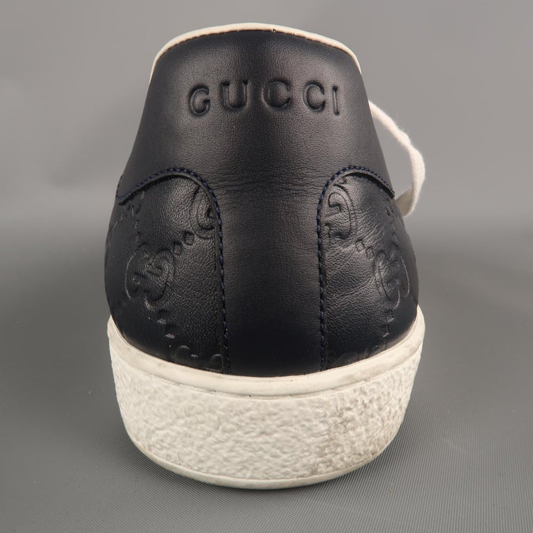 Men's GUCCI ACE Size 11 Navy Monogram Leather Lace Up Sneakers at ...