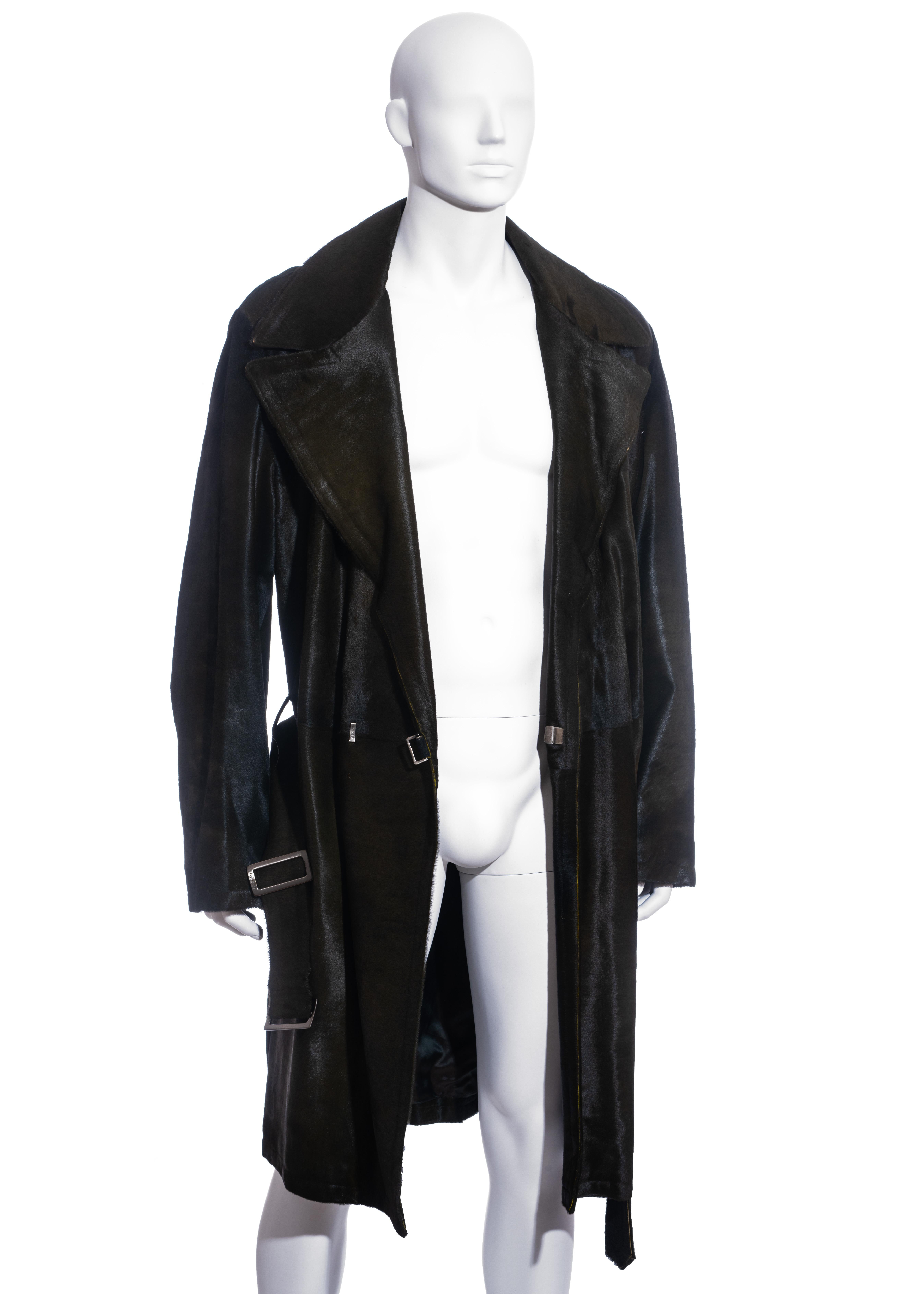 Black Men's Gucci by Tom Ford bottle green pony hair trench coat, fw 1997
