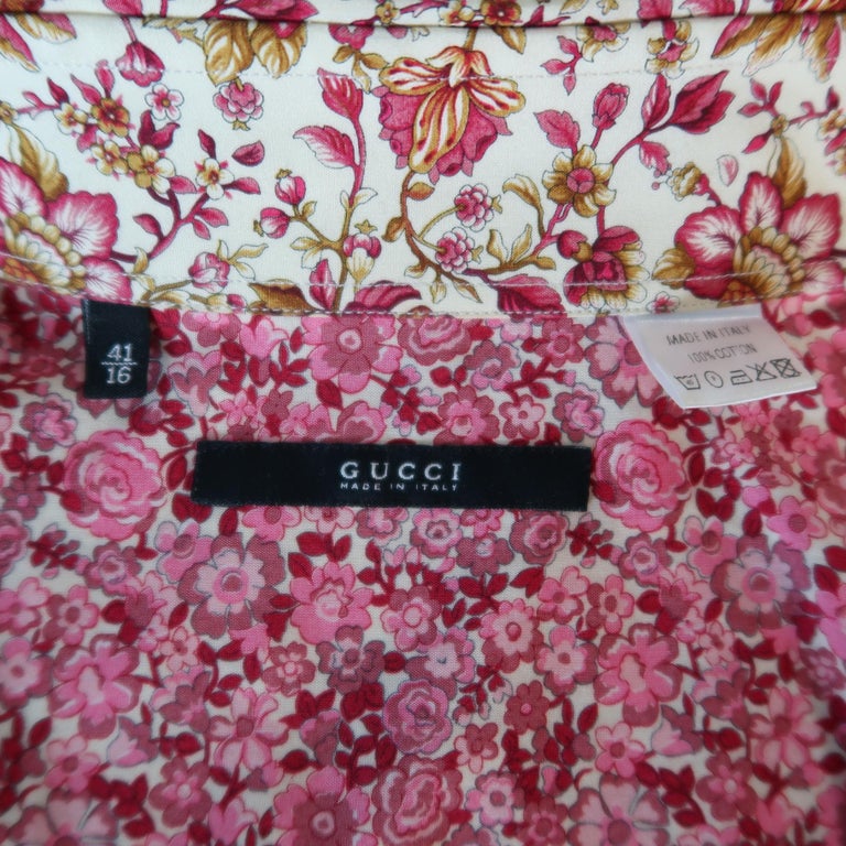 Men's GUCCI by TOM FORD L Beige and Pink Floral Western Pearl Snaps SS 2004  Shirt at 1stDibs