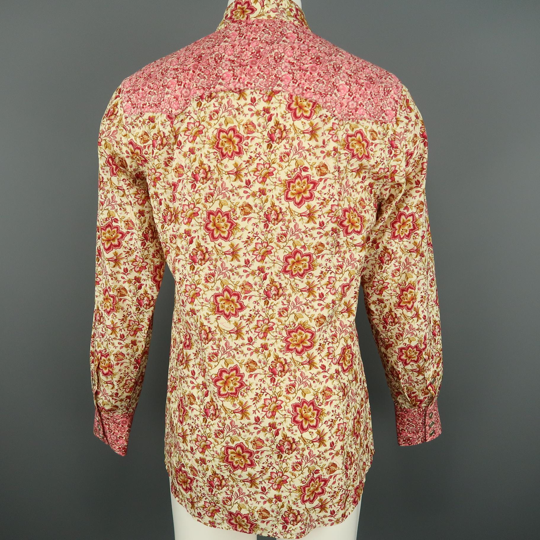 Men's GUCCI by TOM FORD L Beige & Pink Floral Western Pearl Snaps SS 2004 Shirt 1