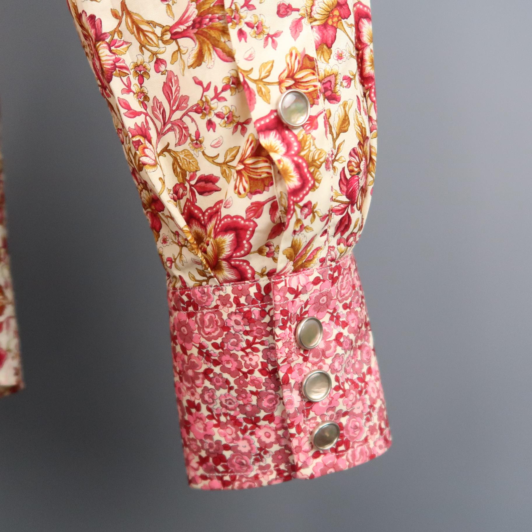 Men's GUCCI by TOM FORD L Beige & Pink Floral Western Pearl Snaps SS 2004 Shirt 2
