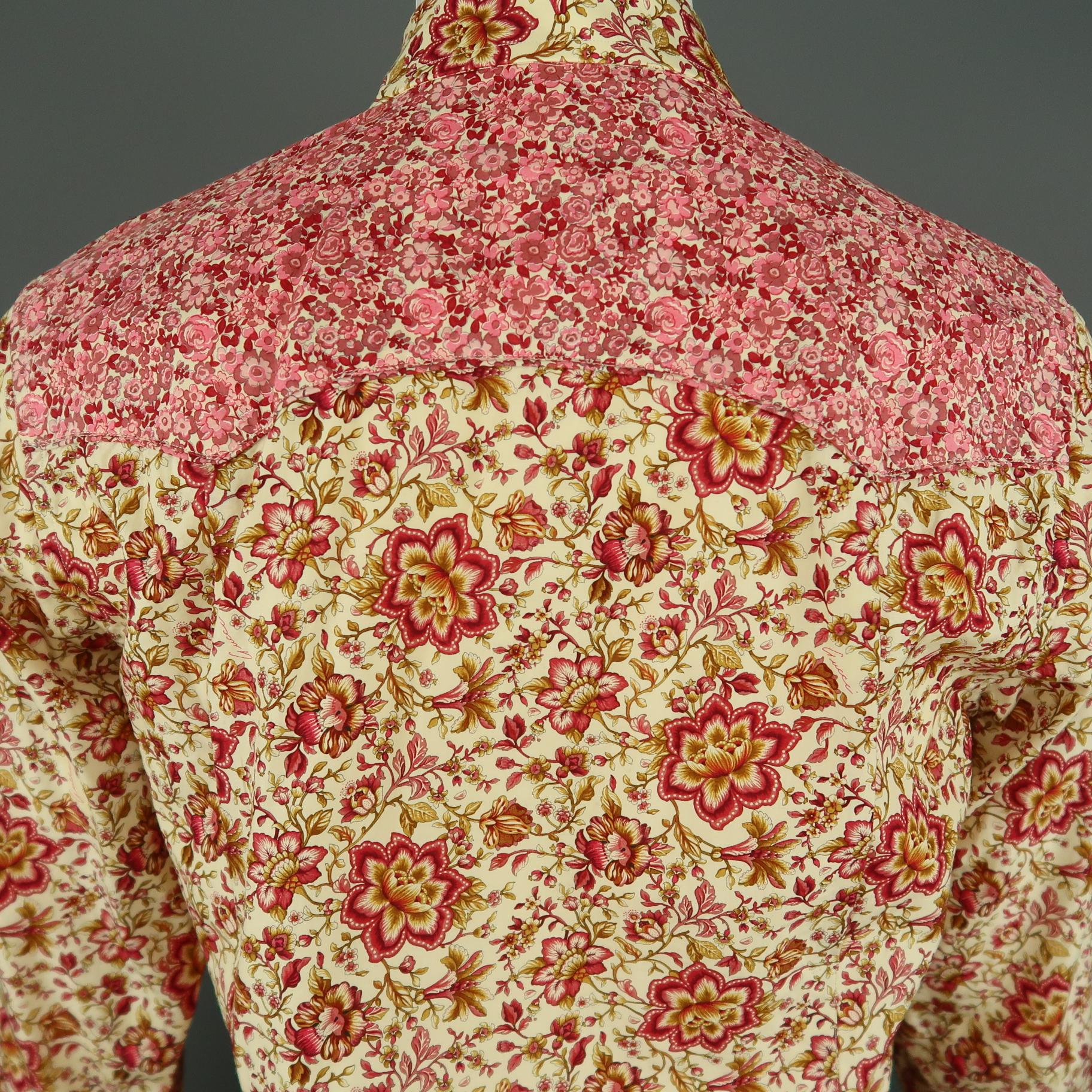 Men's GUCCI by TOM FORD L Beige & Pink Floral Western Pearl Snaps SS 2004 Shirt 3