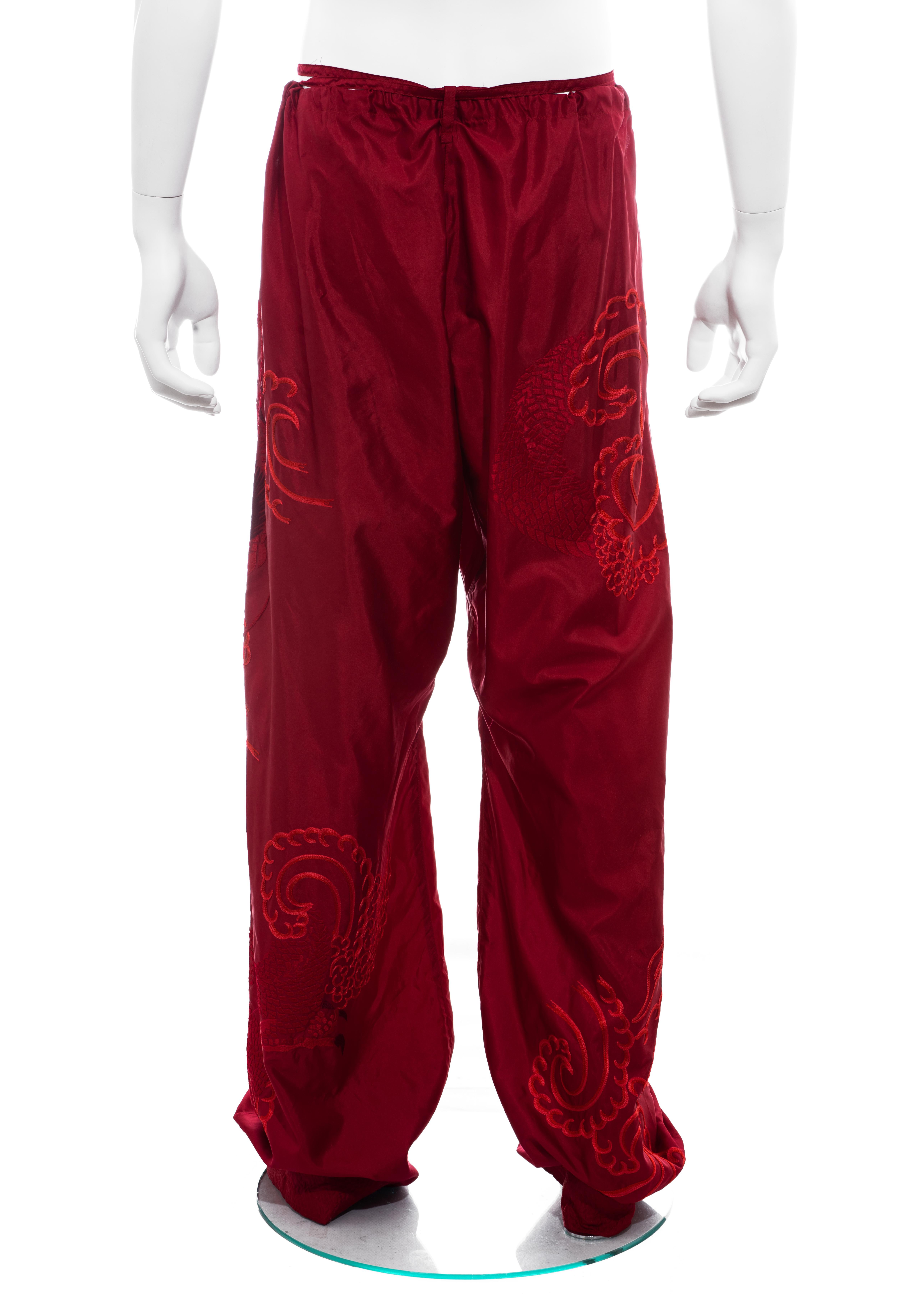 Men's Gucci by Tom Ford red silk embroidered wide leg drawstring pants, ss 2001 2