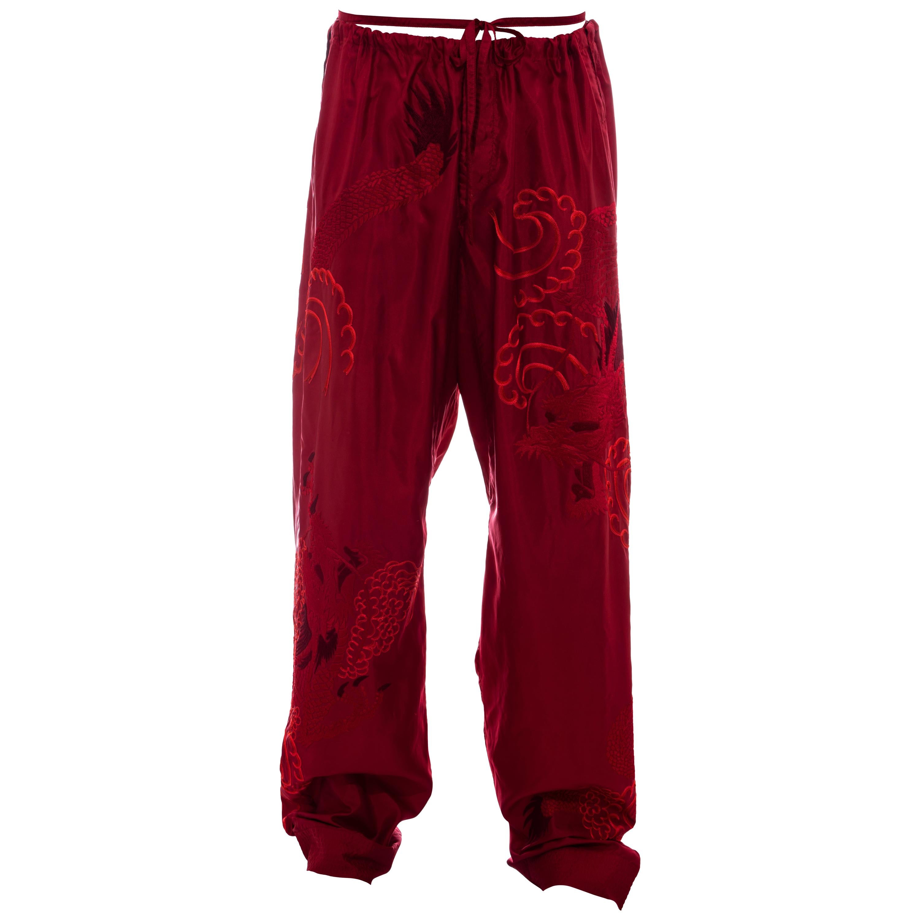 Men's Gucci by Tom Ford red silk embroidered wide leg drawstring pants, ss 2001