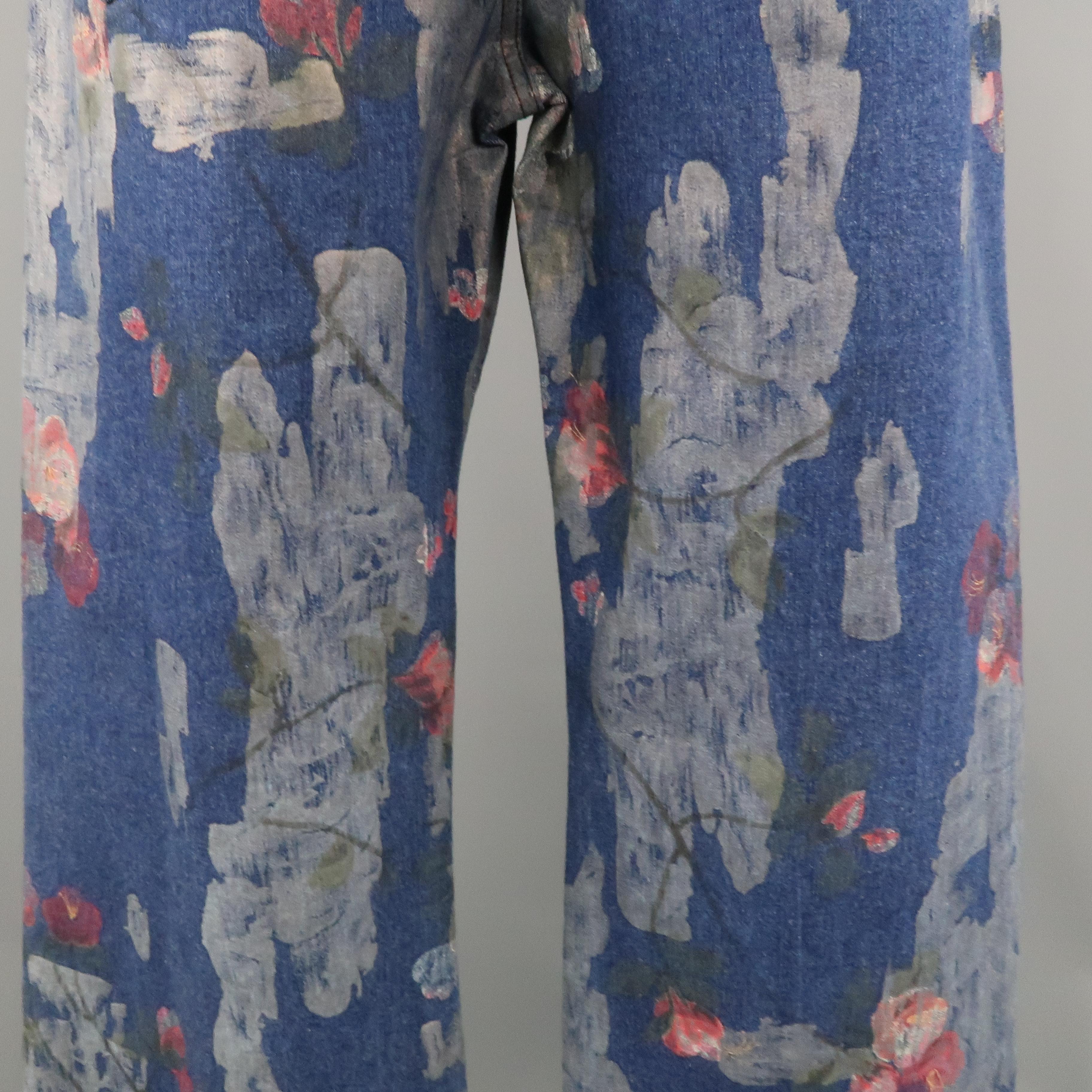 Men's GUCCI by TOM FORD Size 30 Blue Floral Print Denim Wide Leg Jeans 6