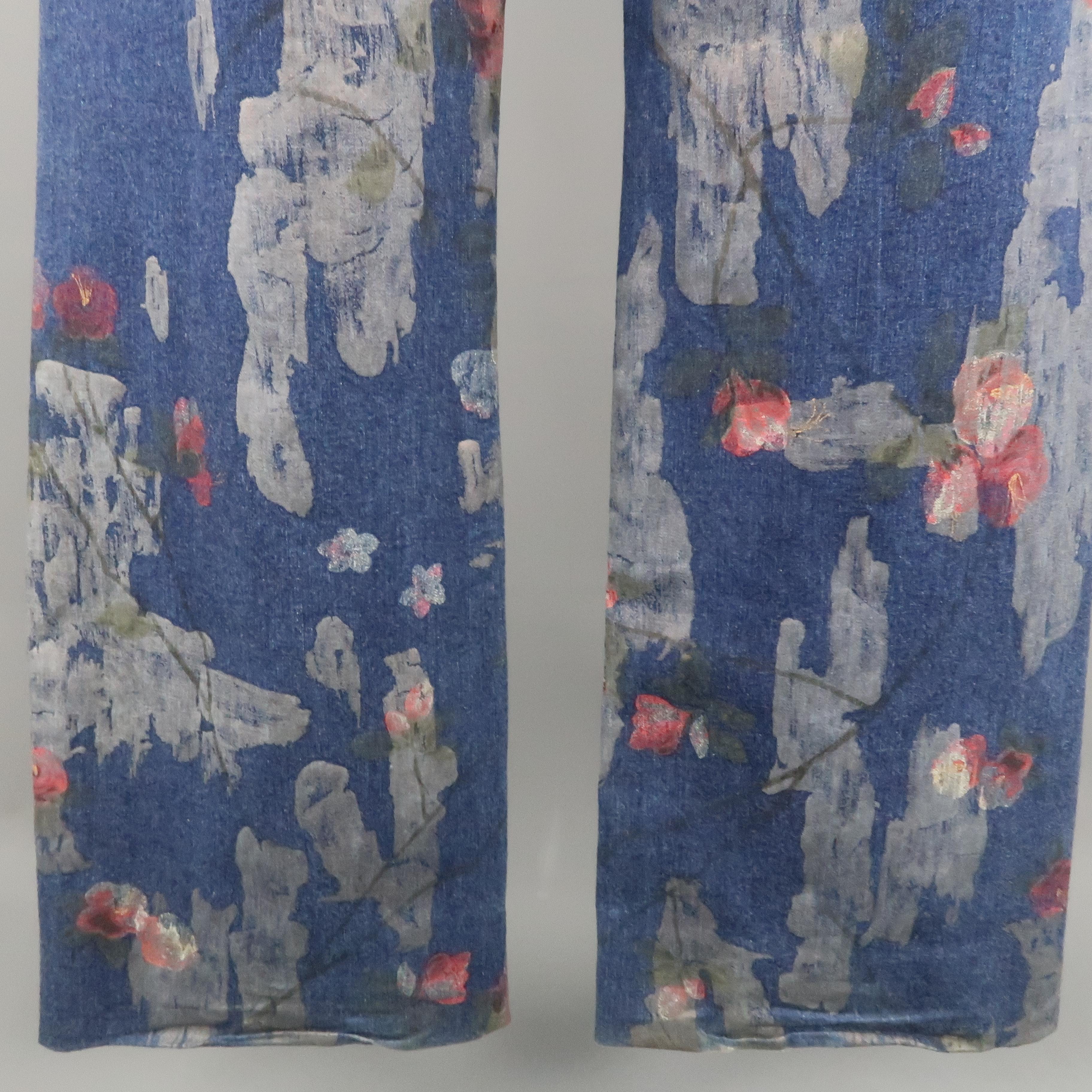 Men's GUCCI by TOM FORD Size 30 Blue Floral Print Denim Wide Leg Jeans 7