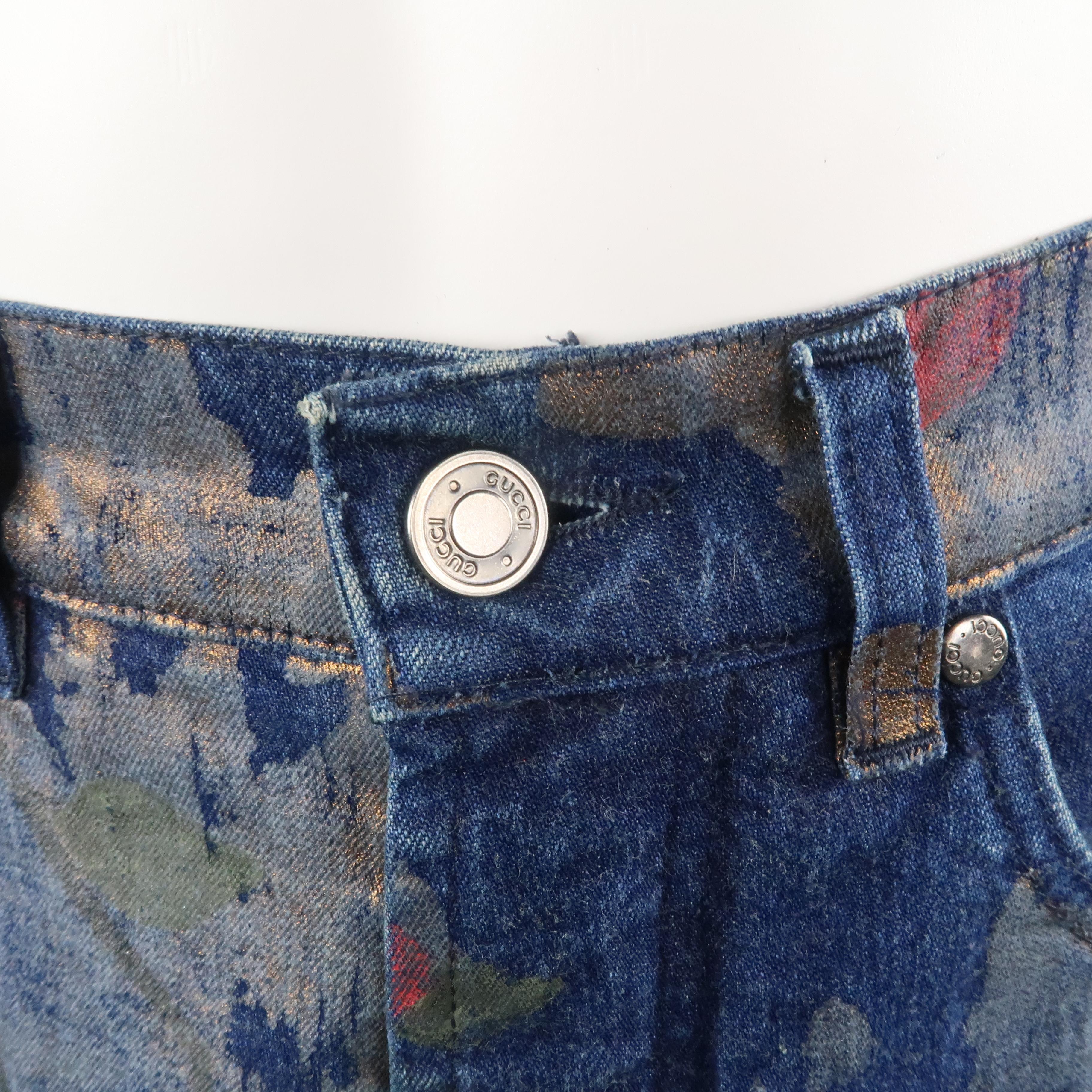 Men's GUCCI by TOM FORD Size 30 Blue Floral Print Denim Wide Leg Jeans In Fair Condition In San Francisco, CA