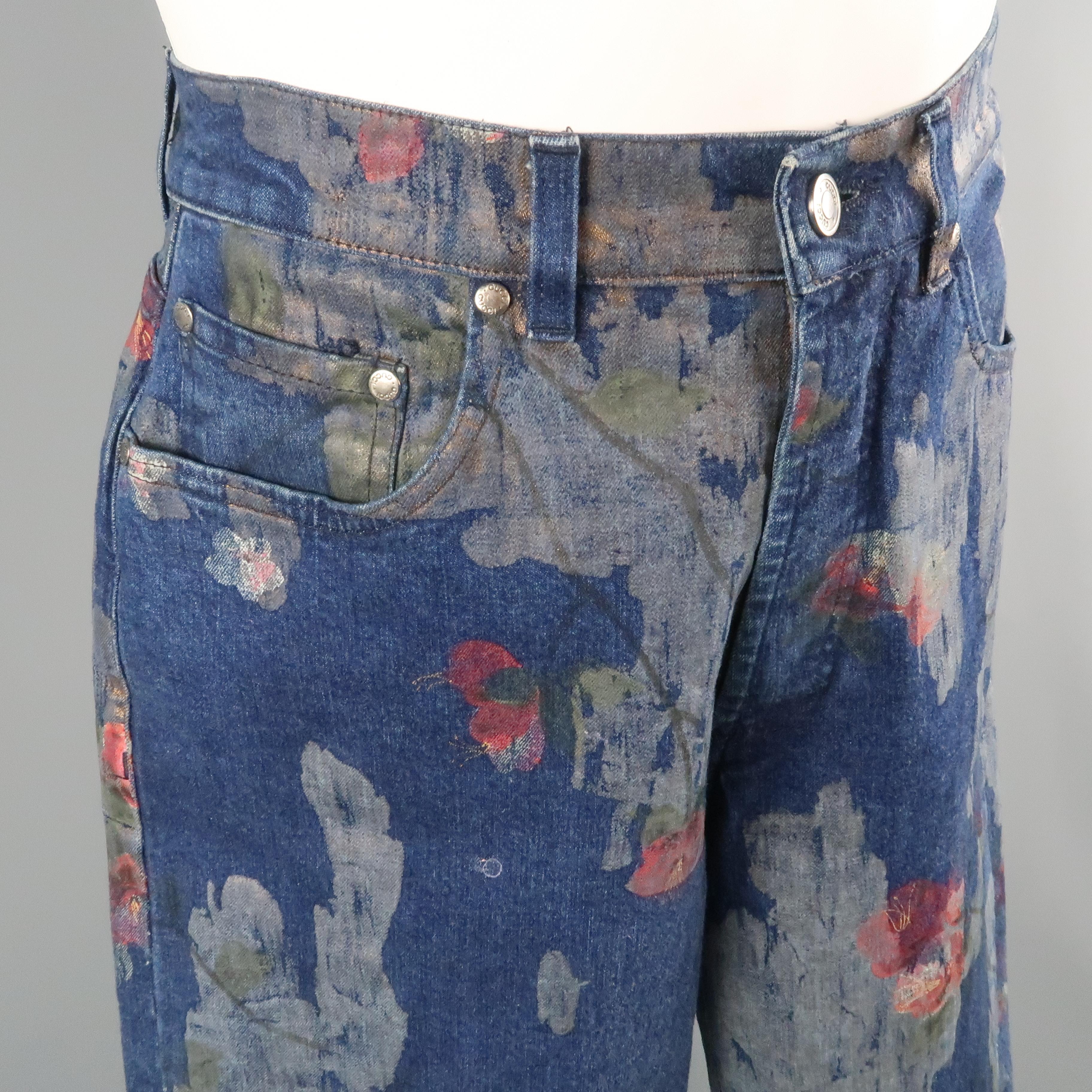 Men's GUCCI by TOM FORD Size 30 Blue Floral Print Denim Wide Leg Jeans 1